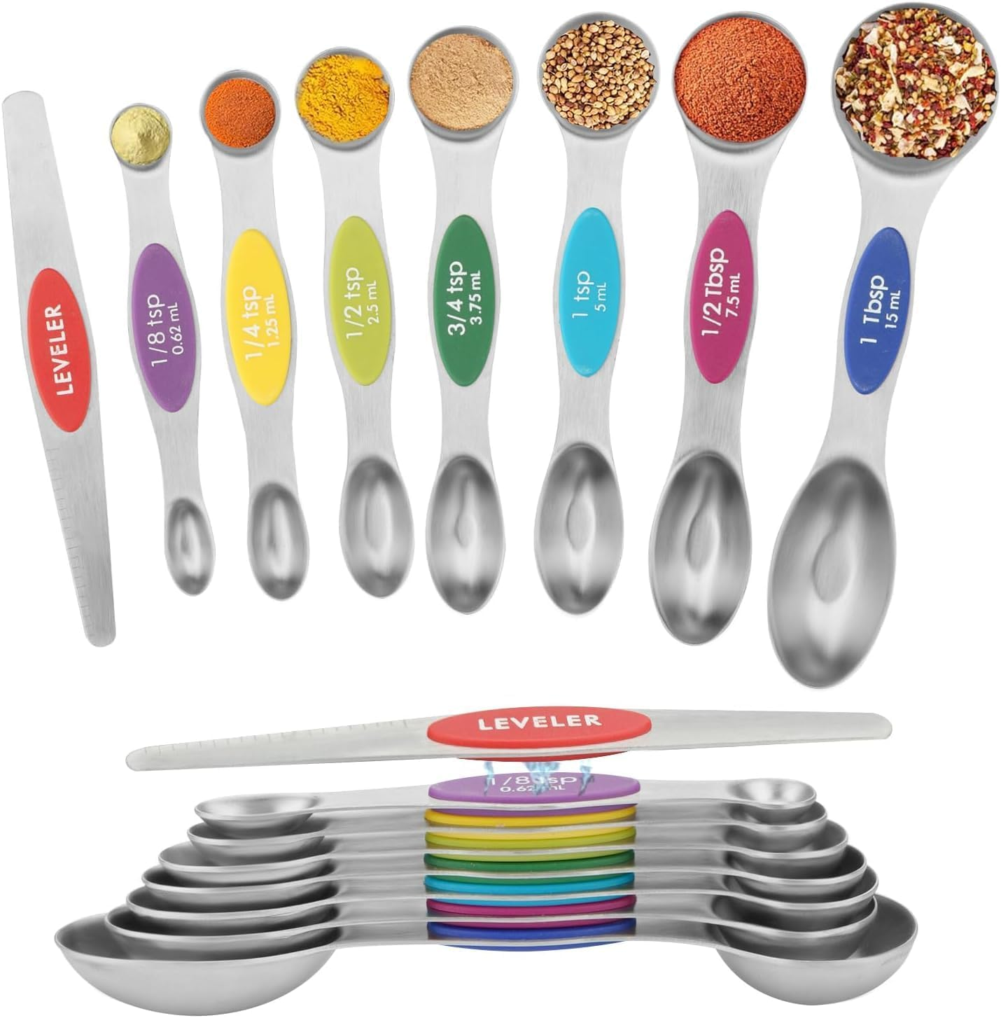 HEXPAN Stainless Steel Magnetic Measuring Spoons Set with Strong N45 Magnets, Heavy Duty Metal Kitchen Gadgets for Baking & Cooking, Fits in Most Kitchen Spice Jars, Set of 8 with Leveler (Color)