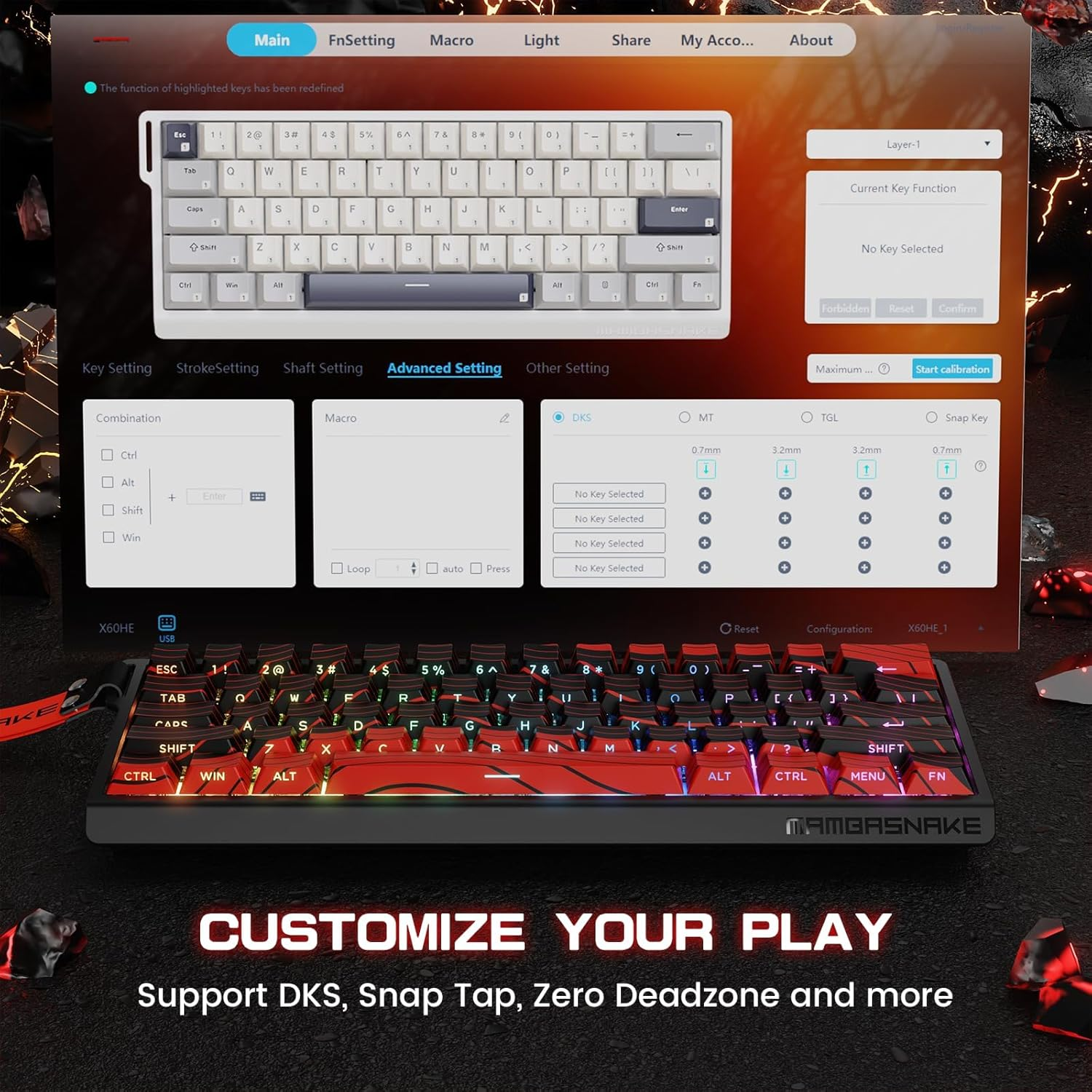 MAMBASNAKE X60 HE 60% Bt/2.4G/Wired Tri-Mode Gaming Keyboard Adjustable Actuation,Rapid Trigger Magnetic Switch Mechanical Keyboard,Rgb Backlit,8Khz Polling Rate with Coiled Cable for Pc/Mac-Red image number 6