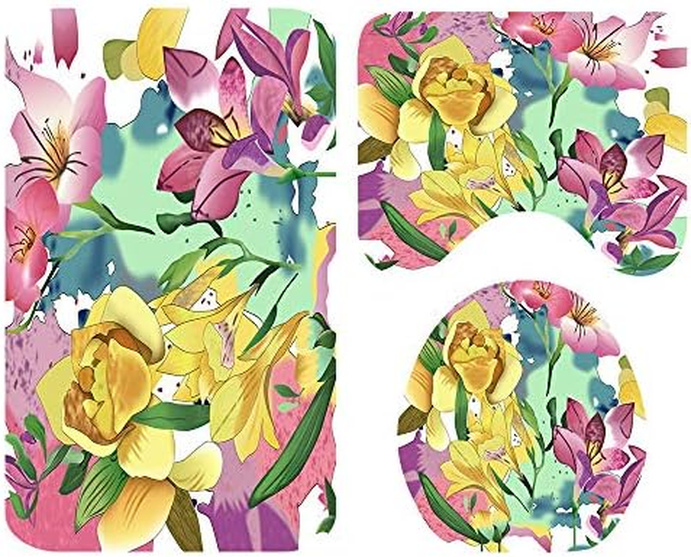 3 Pieces Polyester Non Slip Bathroom Mat Sets Bath Mat + Pedestal Mat + Toilet Seat Cover Mat, Morbuy Home Decor - Floral Print (Blue)