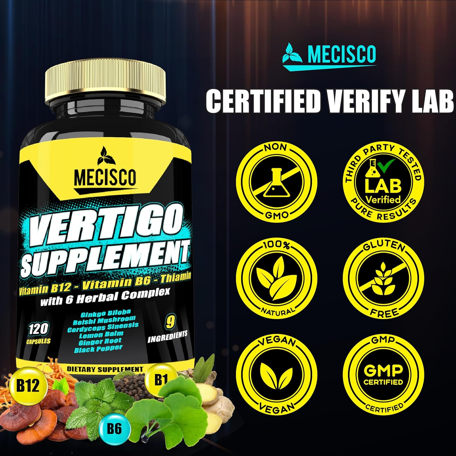 9In1 Vertigo Supplement - Added Vitamin B1, Vitamin B6, Vitamin B12, Ginkgo Biloba, Reishi Mushroom, Cordyceps Sinensis & More - 120 Capsules
