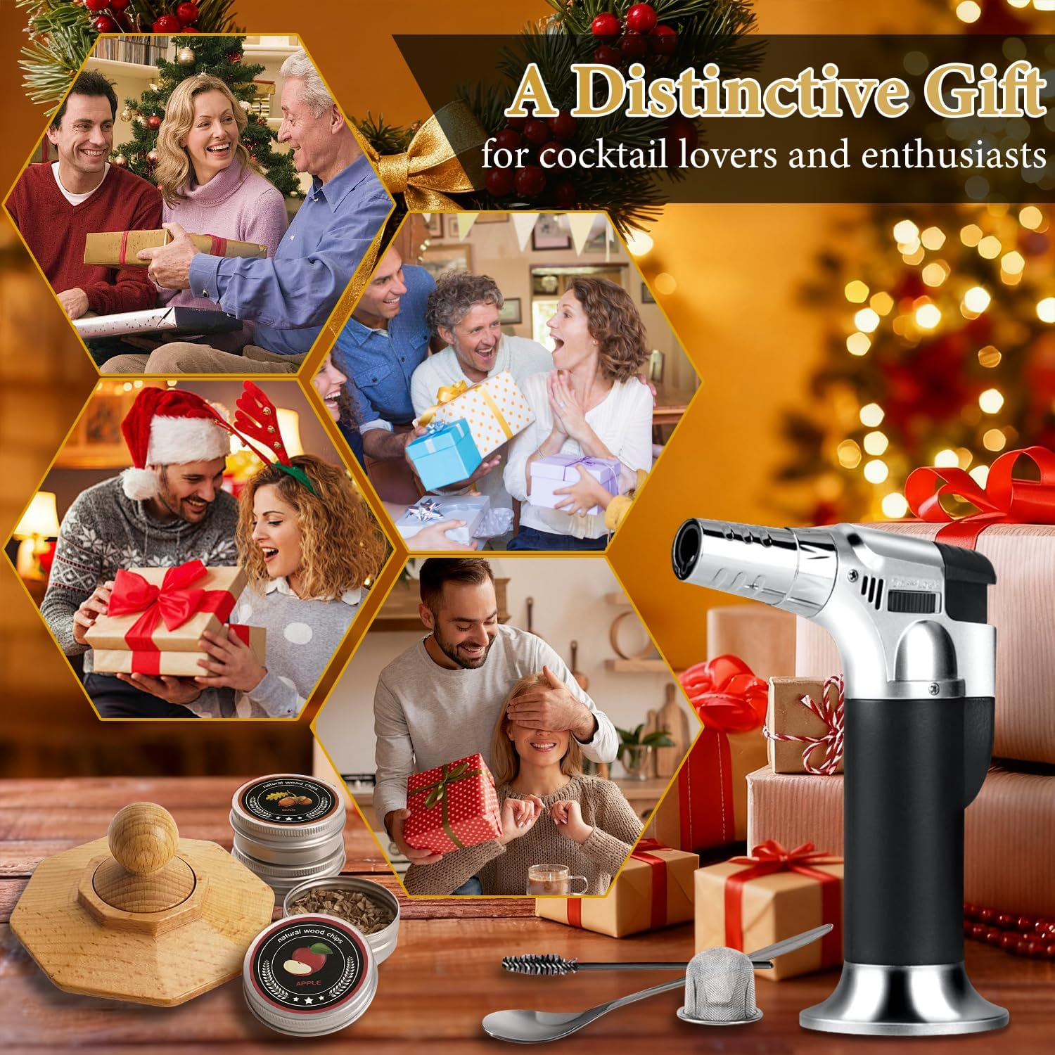 Whiskey Smoker Kit with Torch, Old Fashioned Cocktail Smoker Kit, Christmas Birthday Gifts for Him Dad Men Husband Grandpa, 6 Flavors Wooden Chips, 4 Granite Whiskey Stones, Ice Ball Included image number 5