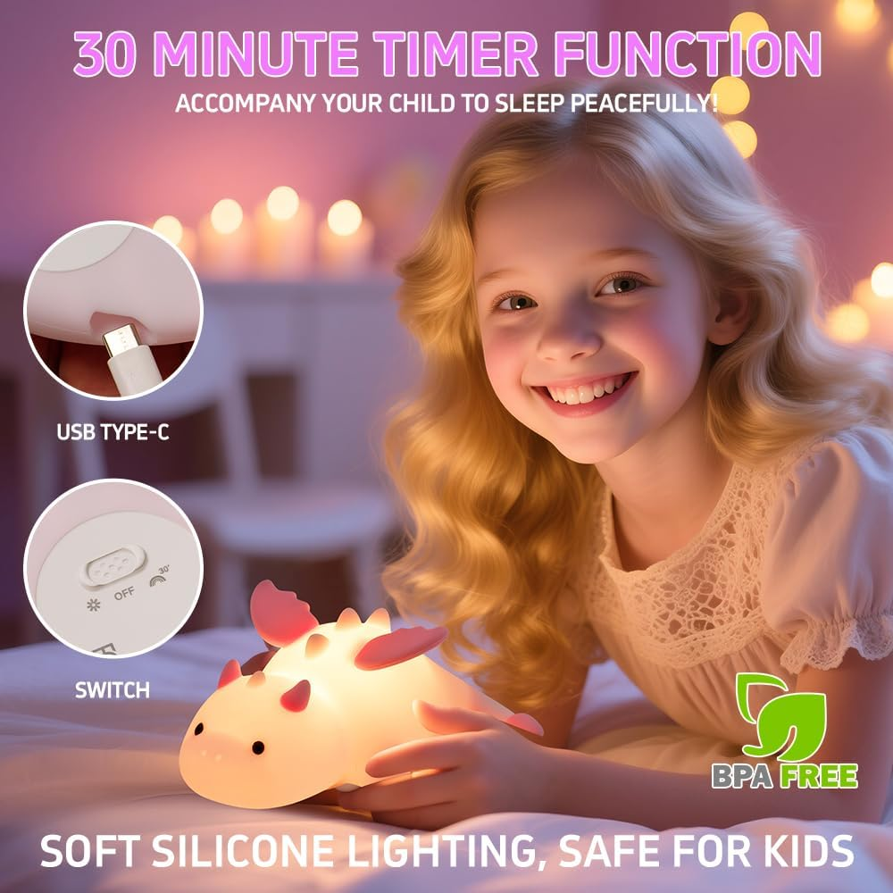 Cute Dinosaur Night Light, Squishy Silicone Dinosaur Lamp Rechargeable Light, Nursery Animal Touch Bedside Lamp, 3 Level Dimmable with 7 Color,Table Night Lamp for Room Decor Funny Presen for Boy Girl image number 6