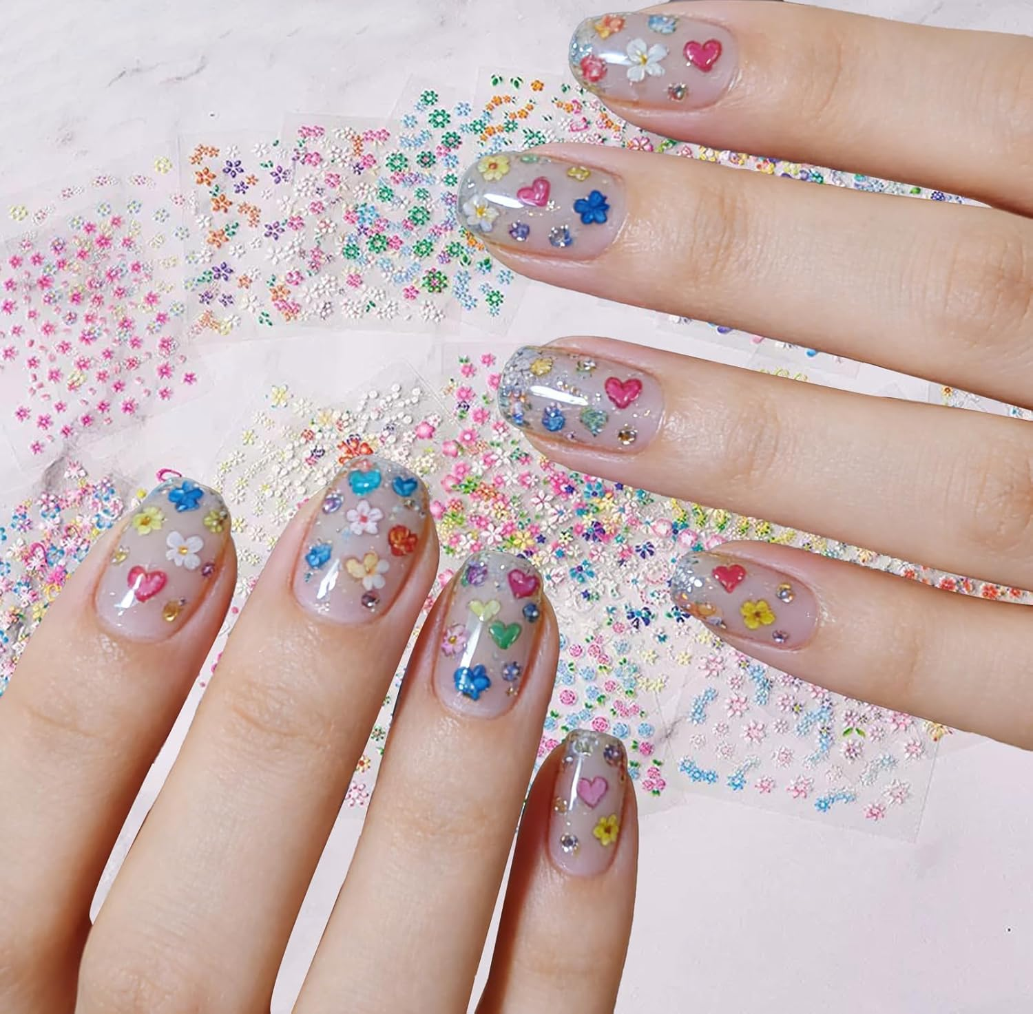 30 Sheets 3D Colorful Flower Nail Art Stickers &ndash; Self-Adhesive Floral, Daisy, Heart & Bow Tie Nail Designs for Manicure & Nail Decoration image number 3