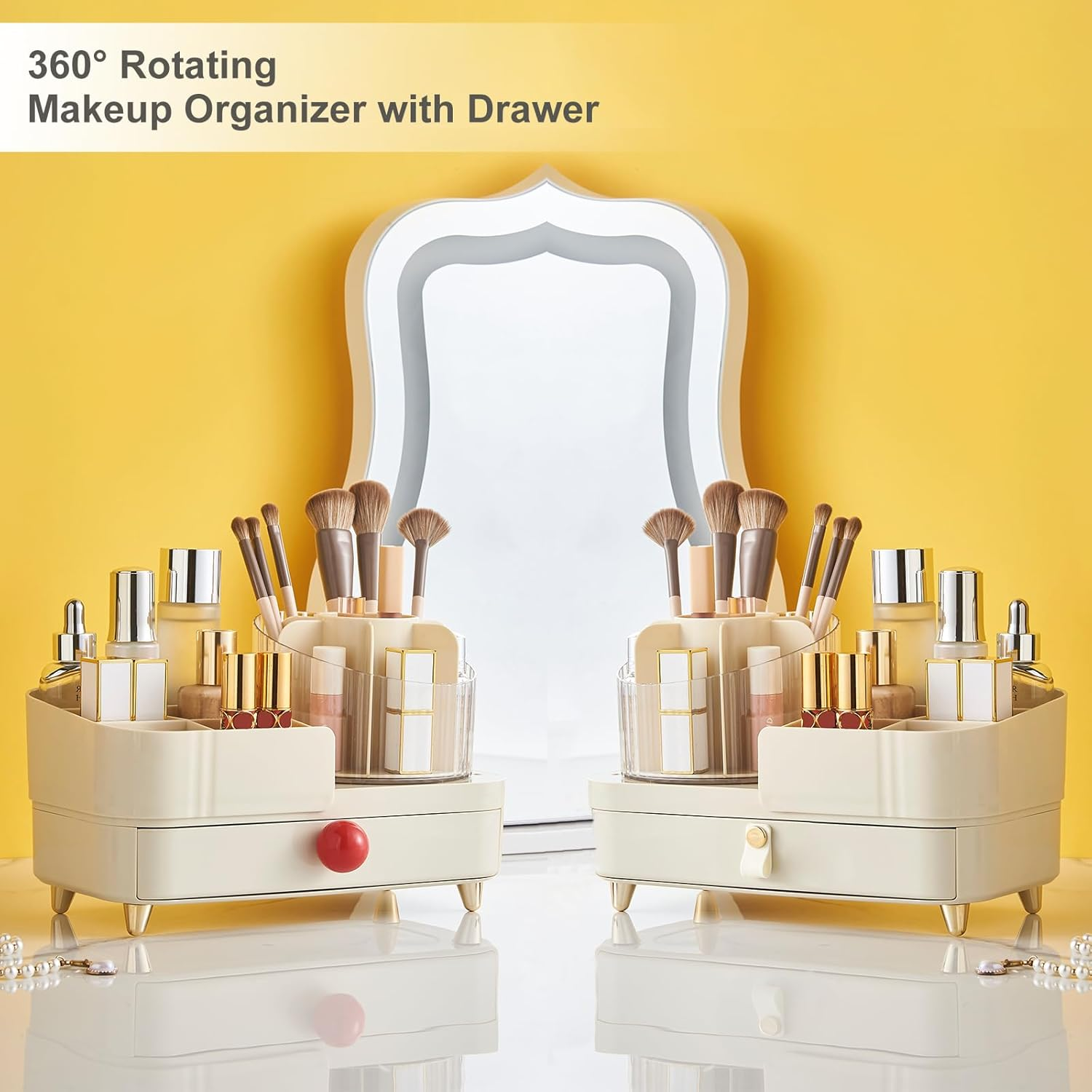 DASITON 360&deg; Rotating Makeup Organizer with Drawers,Large Capacity Cosmetic Display Case,Skincare Organizer with Makeup Brush Holder,Makeup Storage Organizer for Vanity,Desktop,Bathroom (Cream) D1104 image number 6