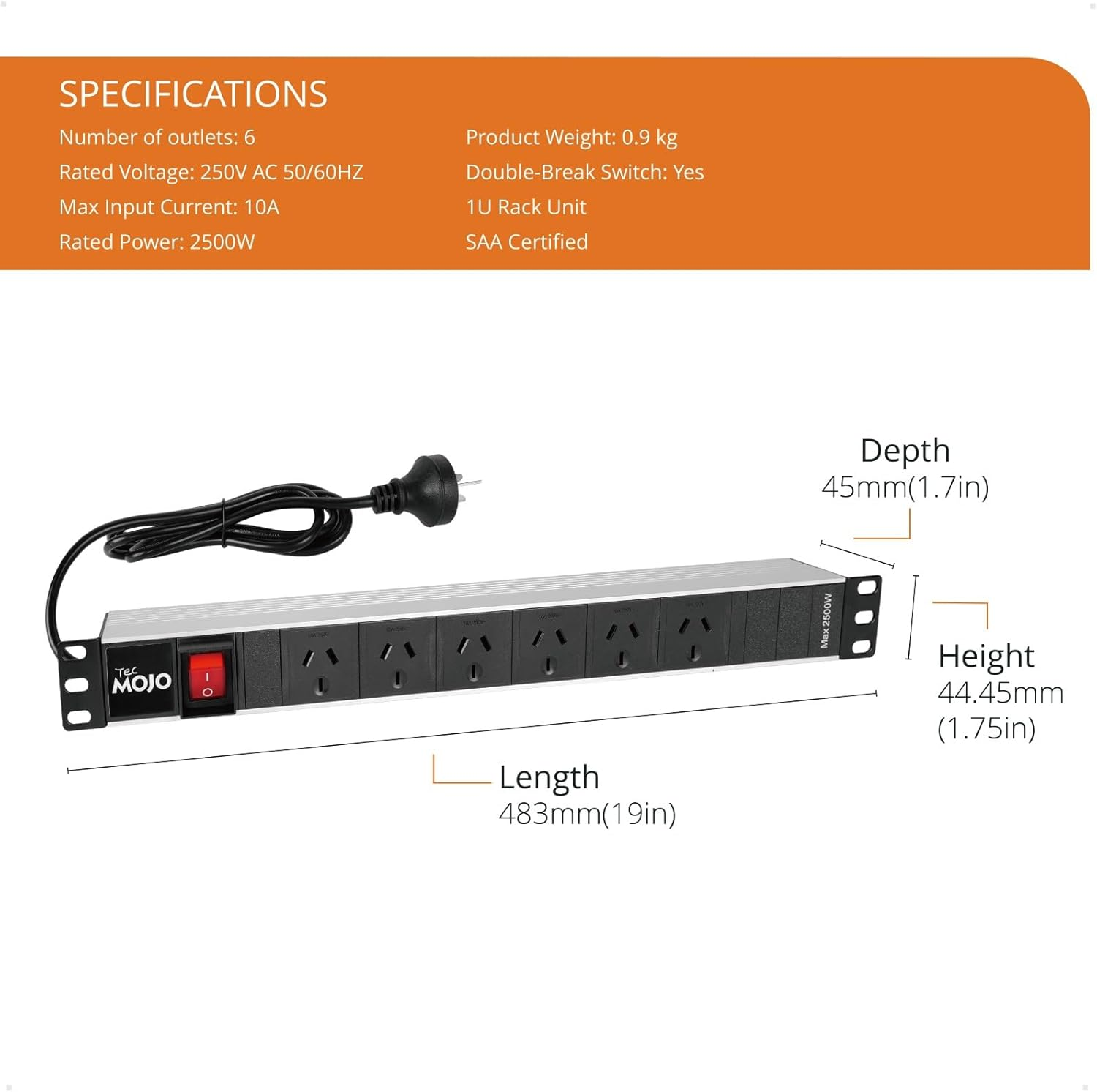 Tecmojo 1U Rack Mount PDU Power Strip, Power Distribution Unit for 19 Inch Server Cabinet, 6 Outlets with 2M Power Cord, Double-Break Switch, 10A 250V 50/60HZ, Black image number 3