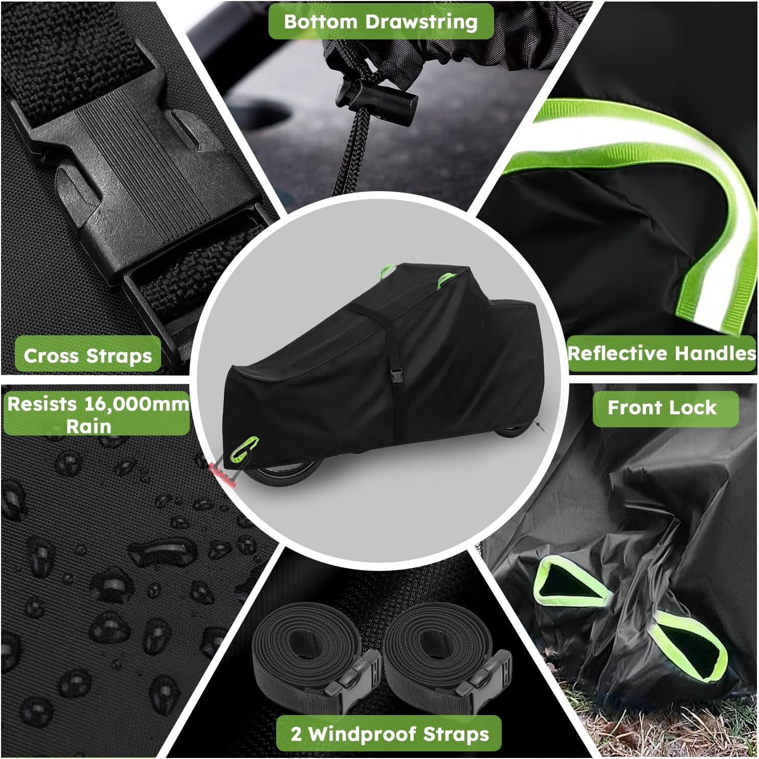 UUT Cargo Bike Cover &ndash; 420D Oxford Fabric, Waterproof & Uv-Resistant,Front Buckle + Cross Straps for Windproof Protection &ndash; Reflective Handle & 2 Bonus Tie-Down Straps &ndash; Fits Most Cargo Bike Models image number 4