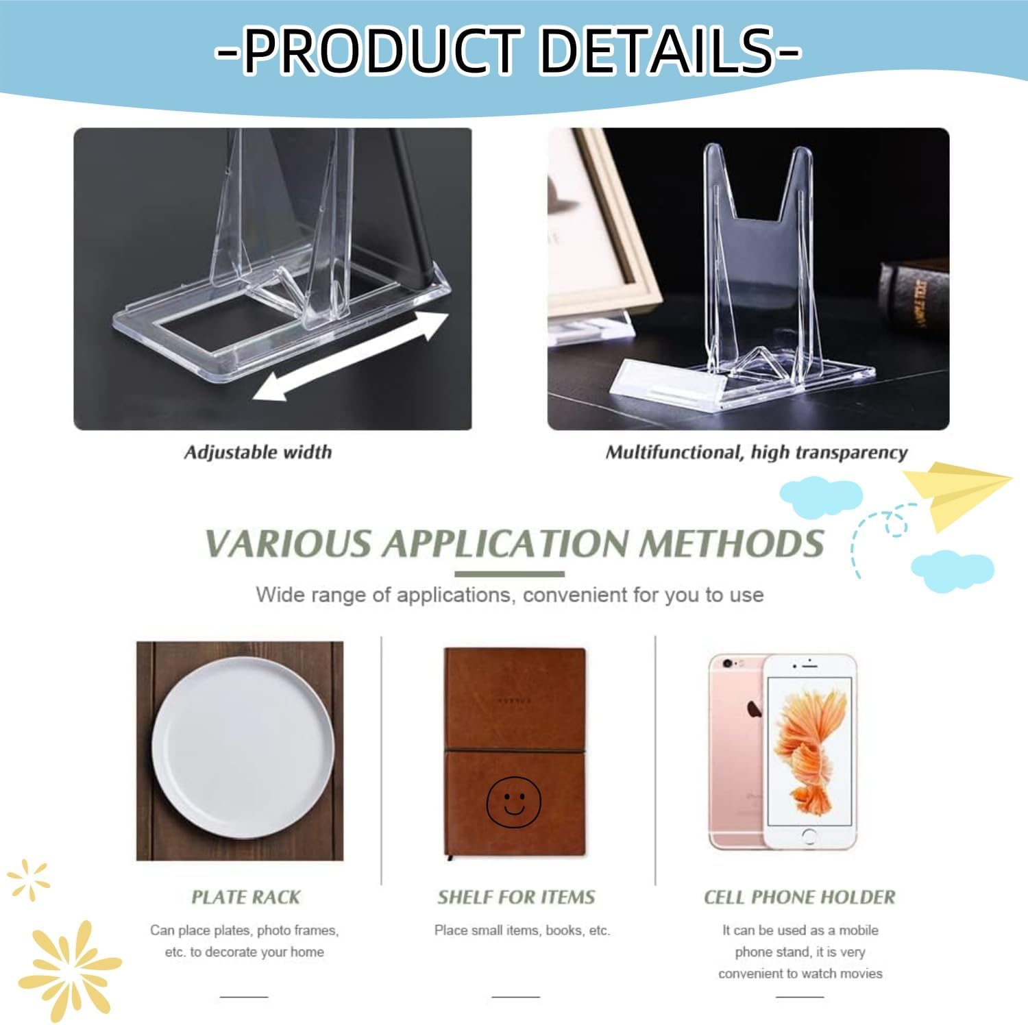 12 Pack Clear Plastic Plate Stands, Angle Adjustable Plastic Display Stand Easel, Clear Display Easel, for Display Pictures, Photo and Artworks image number 4