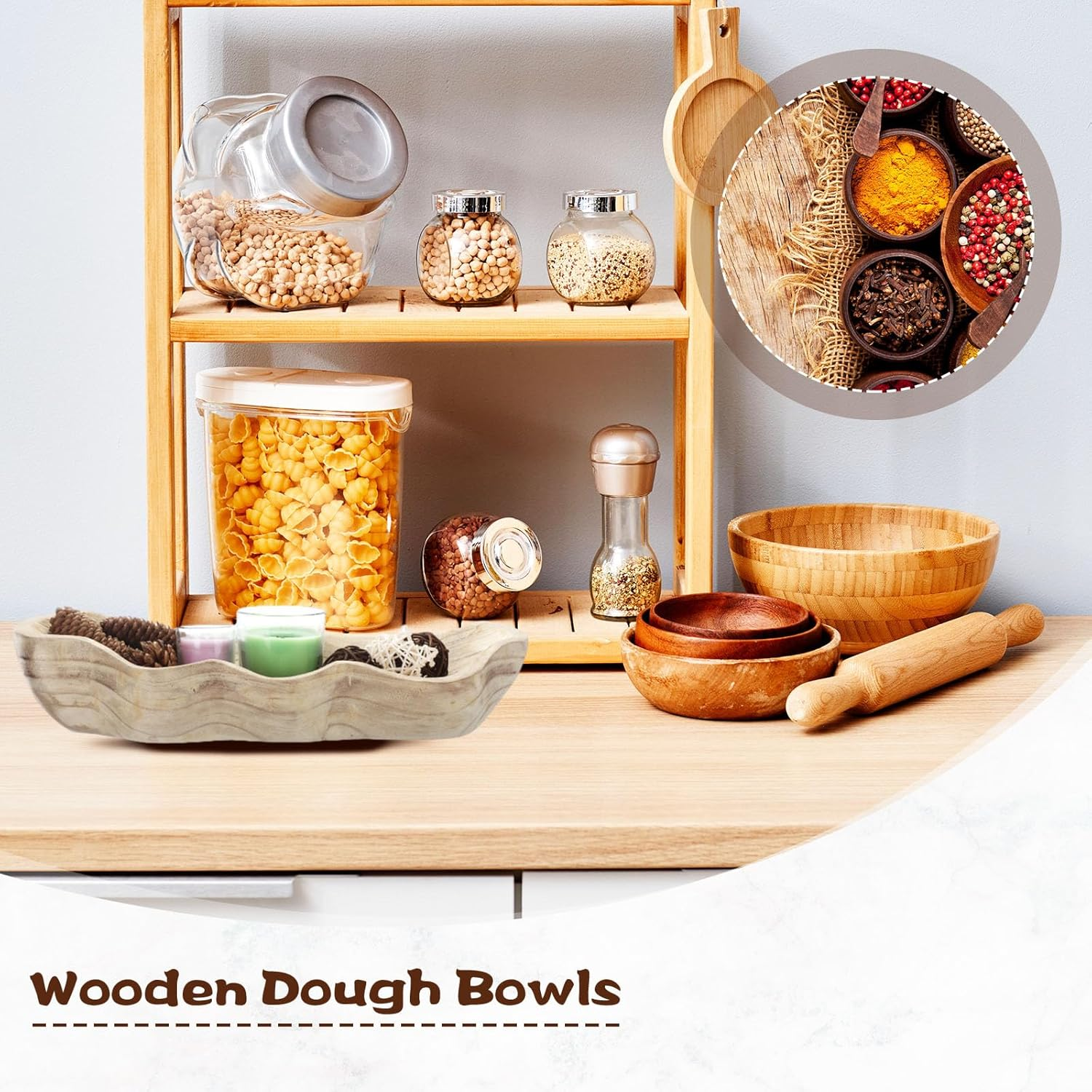 Nuogo 1 Pack 16 Inch Wavy Live Edge Dough Bowl Large Size Wood Rustic Dough Bowl Decorative for DIY Farmhouse Home Supplies Kitchen Decoration(Light Color) image number 3