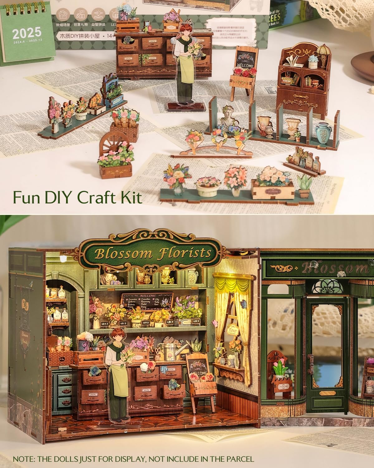 CUTEBEE Book Nook Kit - DIY Miniature House Dollhouse Kit for Adults and Teens, 3D Wooden Puzzle Tiny House Bookshelf Decor with LED Light for Family, Friends (Blossom Florists) image number 5