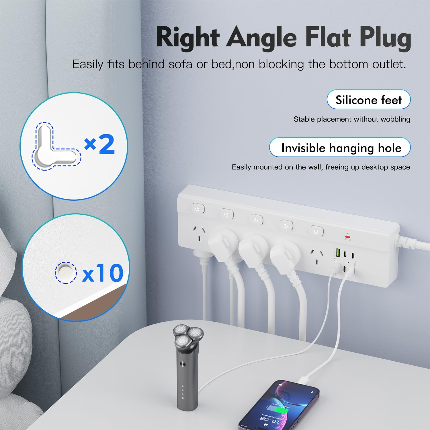 BOCHLION Power Strip with Independent Switch, Equipped with 10AC Power Sockets and 2 USB-A and 4 USB-C, 1.8M Extension Cable, Overload Protection for Home, Office, School, and Dormitory. (White)