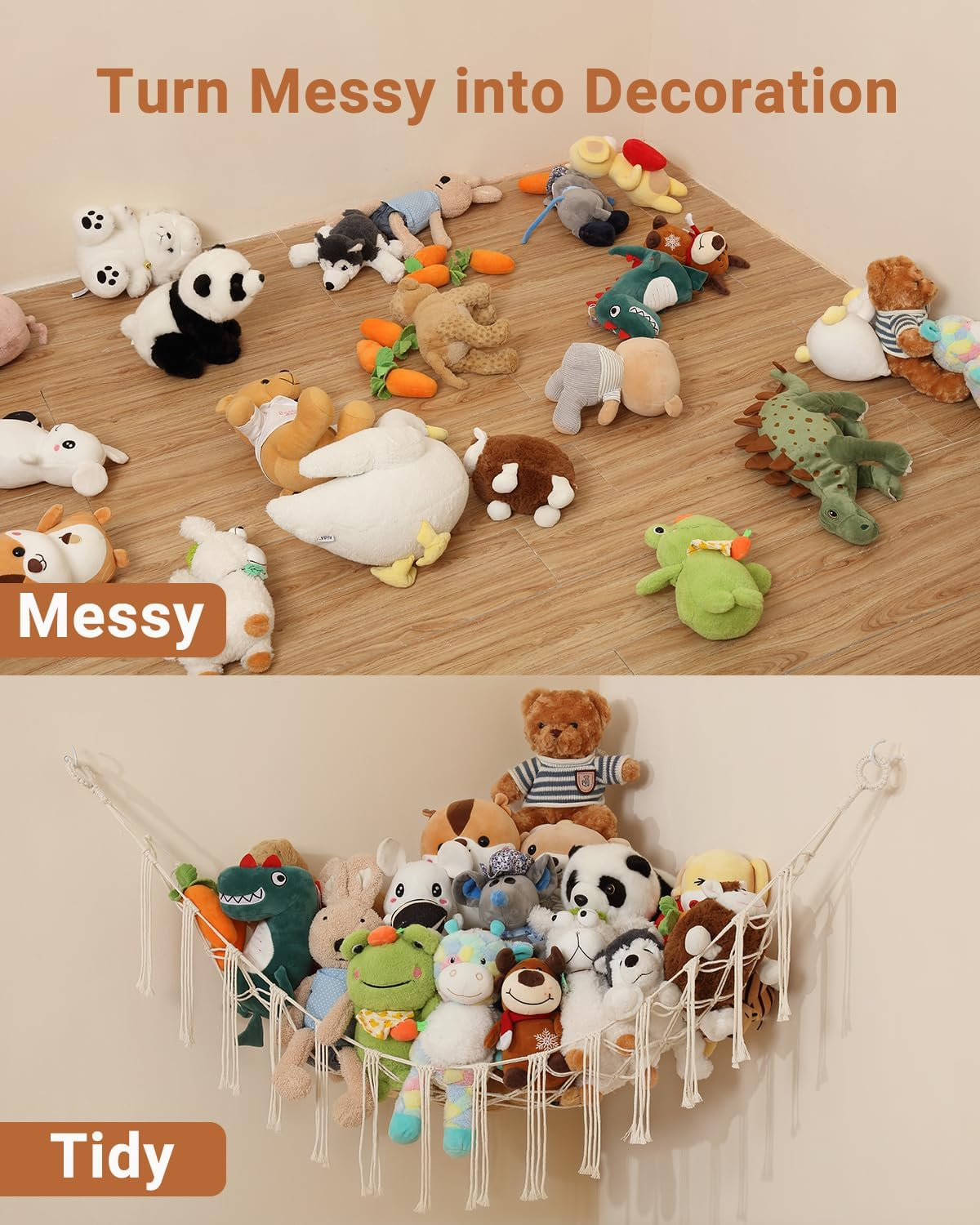 2 Pack Toy Hammock, Macrame Toy Storage Net for Stuffed Animals, Corner Nursery Hanging Organizer for Soft Toys and Teddy Bears