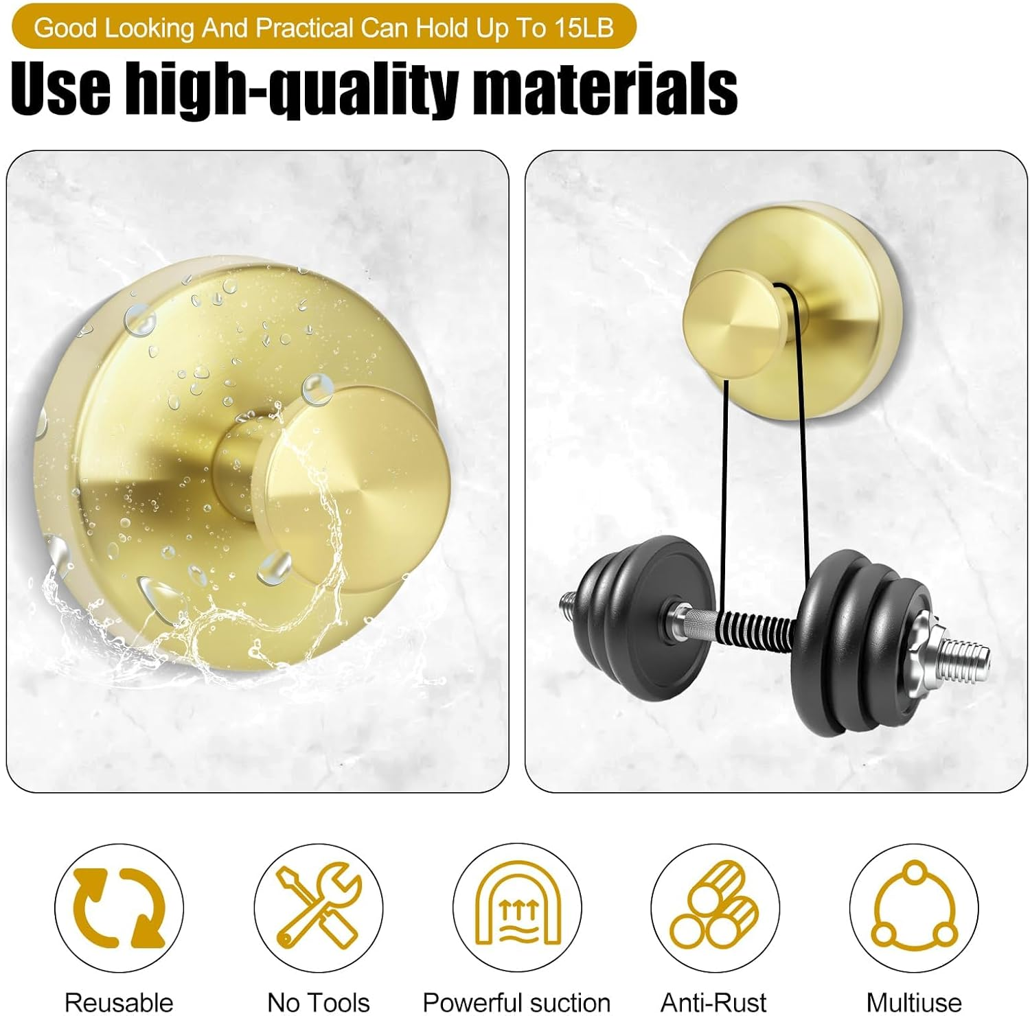 4Pcs Strong Suction Cup Hooks for Shower, No Drill Towel Hooks for Bathrooms, Bathroom Hooks, Suction Hooks,Towel Holder for Bathroom Wall, Kitchen, Glass, Mirror (Gold, 4 Pcs) image number 5