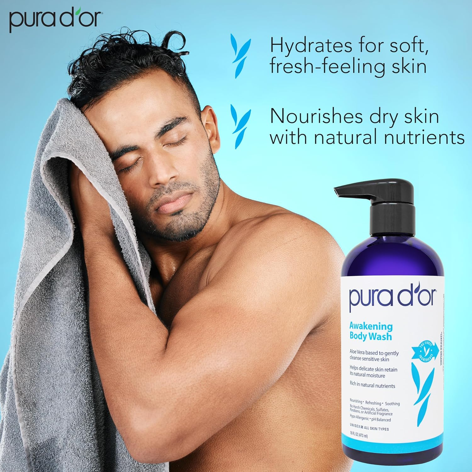 PURA D'OR Awakening Body Wash (16Oz) with Aloe Vera, Chamomile, Lavender, Tea Tree and Natural Nutrients - Ph Balanced for Moisturized Soft, Fresh-Feeling Skin, All Skin Types, Men & Women image number 4