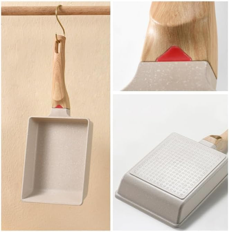 Square Japanese Omelette Pan, Non-Stick Egg Roll Pan with Silicone Brush, Rectangle Frying Pan Wood Handle, Steak Frying Pan, Maifanshi Flat Bottomed Pan image number 6
