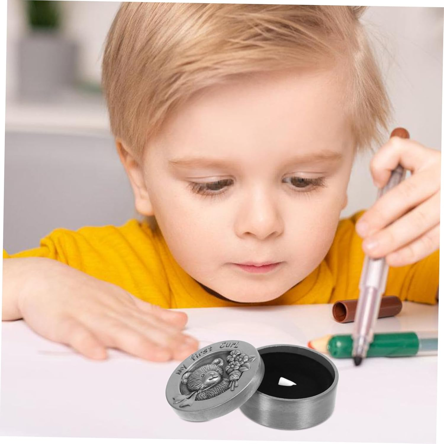 Metal Baby Fetal Hair Box My First Curl Box Infant Keepsake Storage Case Bear Design Antique Pewter for Newborn Memory