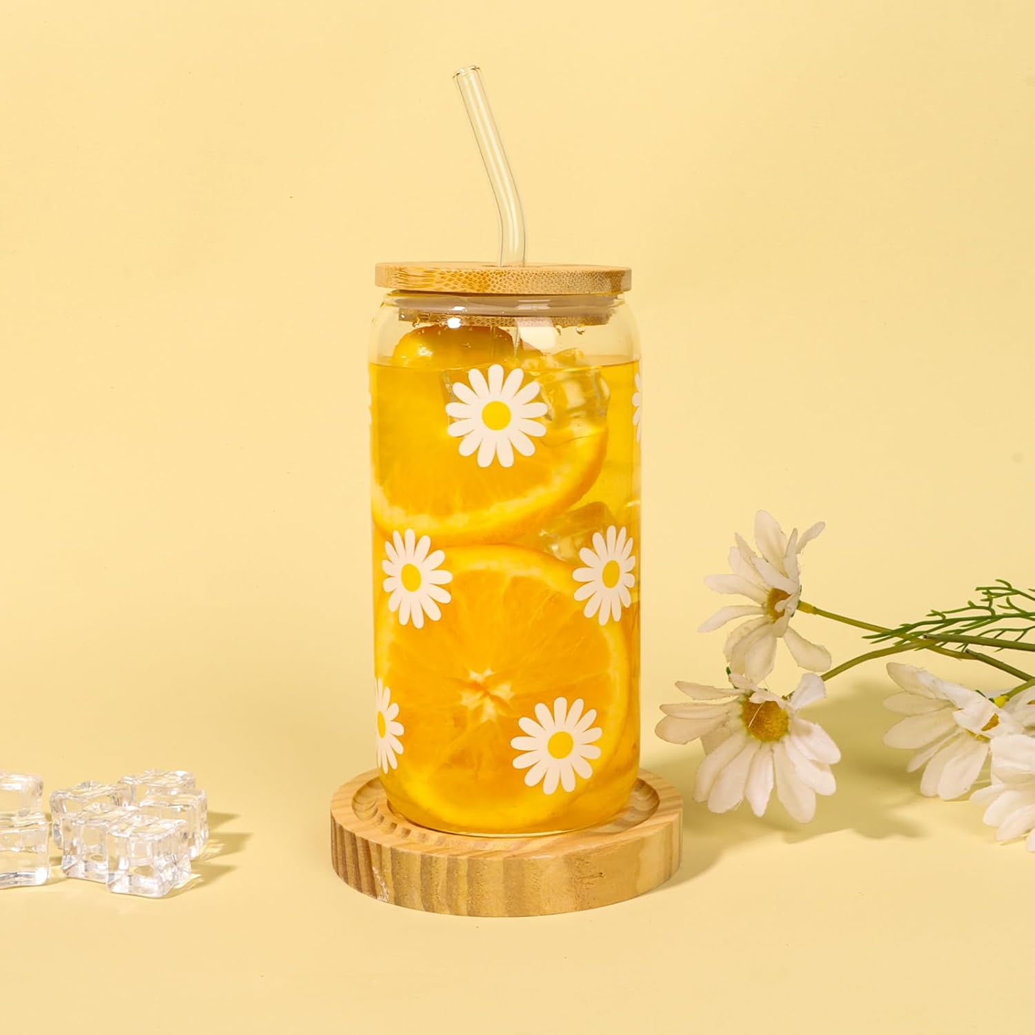 Gifts for Teen Girls，Birthday Gifts for Teen Girls, Girls, Unique Cute Birthday Gifts Box for Girl, Her, Sister, Daughter, Friends, Ideas Cute Daisy Aesthetic Glass Cups Gifts (Beige-Yellow) - Beige-Yellow image number 2