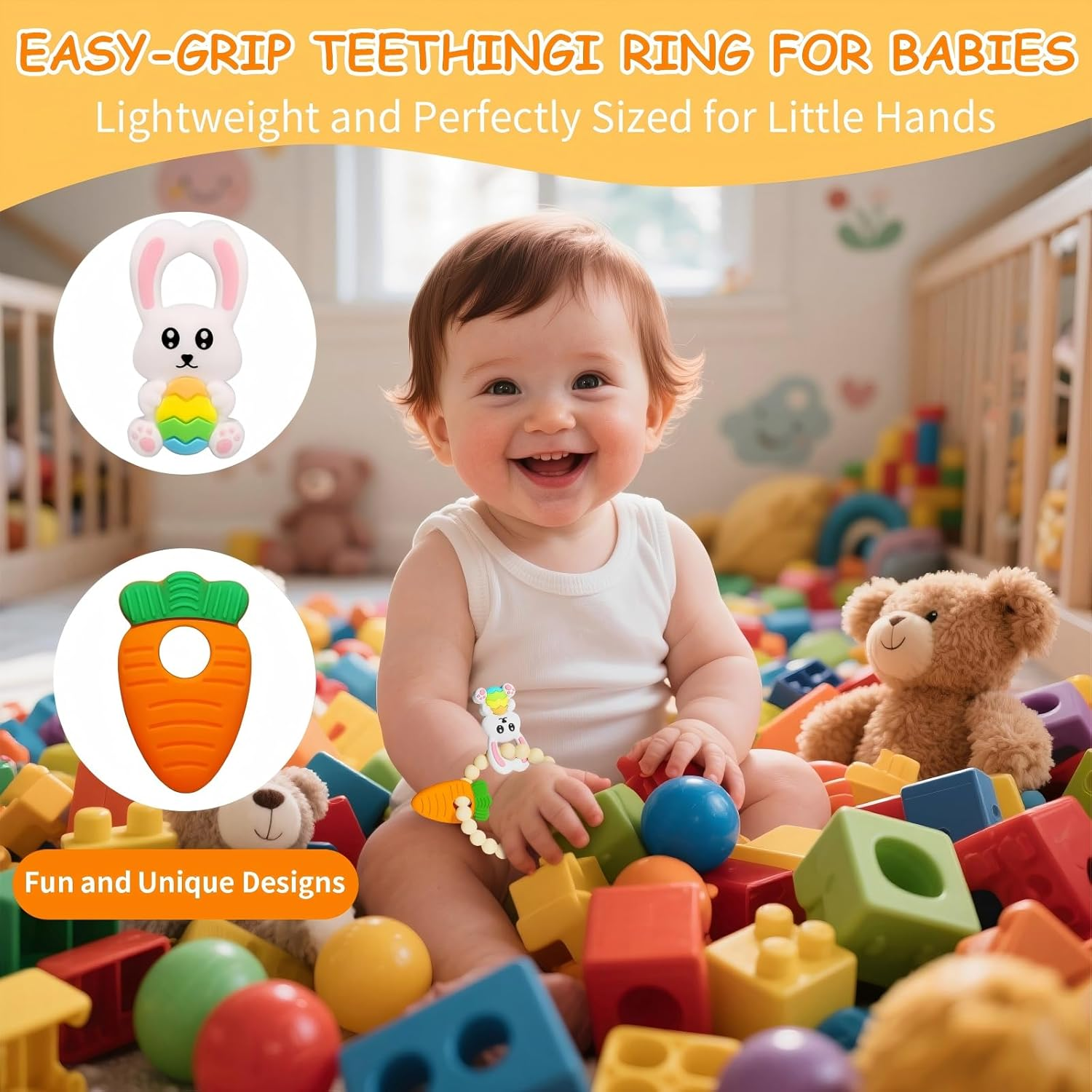 Baby Teething Ring Toys - Bunny Easter & Carrot Teethers for Newborns, Infants & Toddlers, Sensory Chew Bracelet for Teething Relief &ndash; Best Baby&rsquo;S First Christmas Easter Basket Stuffers image number 1