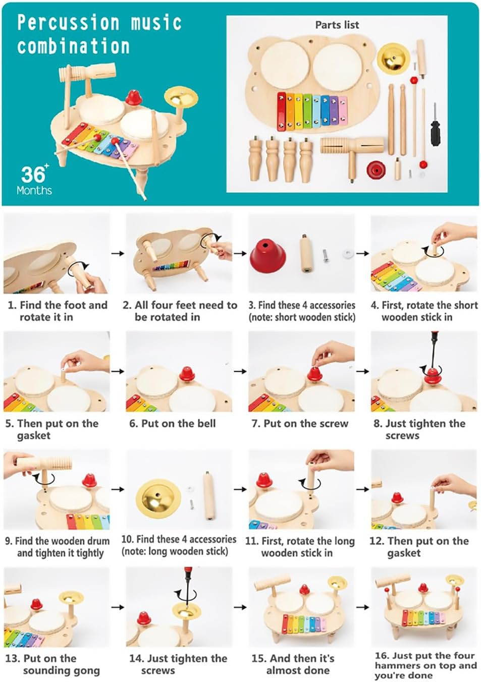 Kids Drum Set for Toddlers Baby Music Instruments 7 in 1 Montessori Preschool Musical Toys Children Drum Kit Xylophone Tambourine Birthday Gifts for Boys and Girls Natural Wooden Music Kit