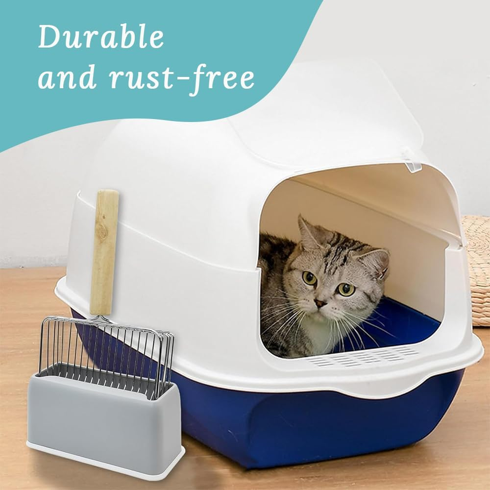 Two-Piece Metal Cat Litter Scoop (With Stand), Stainless Steel Cat Litter Scoop (With Wooden Handle), Cat Litter Box Special Cat Feces Scoop, Can Quickly Filter (Grey and Blue) image number 3