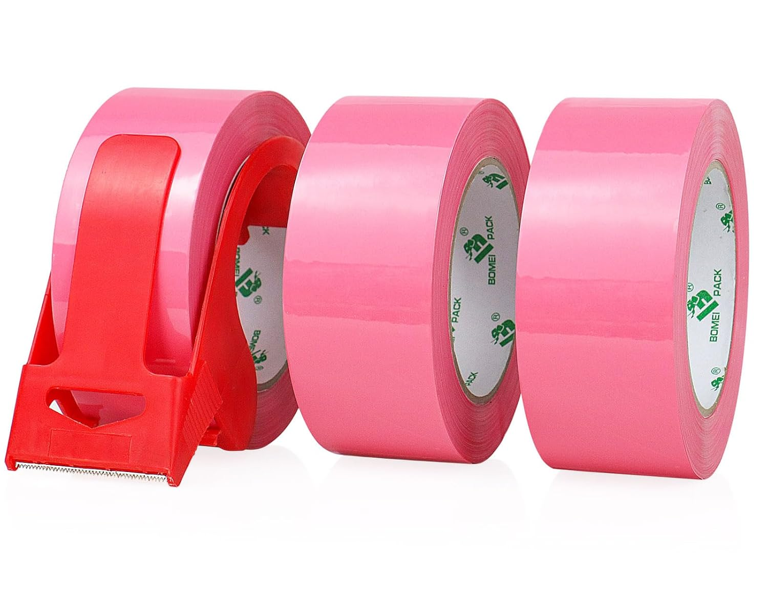 3 Rolls BOMEI PACK Pink Packing Tape with Dispenser, Heavy Duty Packaging Tape for Moving Shipping Sealing and Storage,1.8Mil Thick, 3 Rolls 1.88 Inch X 50 M,Total 150M