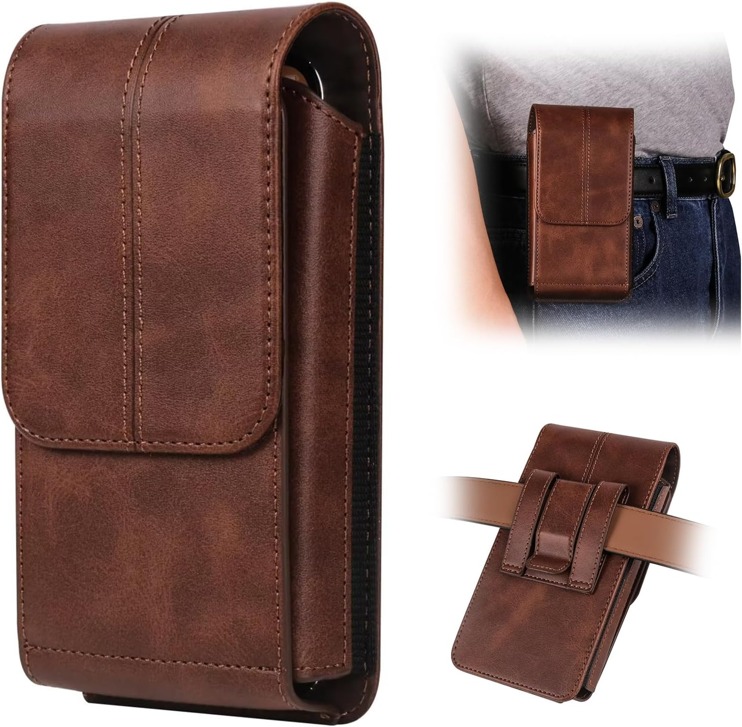 Cell Phone Pouch Leather Belt Holster Case Compatible with Samsung Galaxy S25/S24/S23/S22/S21/S20 Ultra, Cell Phone Belt Holder with Clip & Card Slots for Men Women Pouch Phone Sleeve Waist Bag, Brown