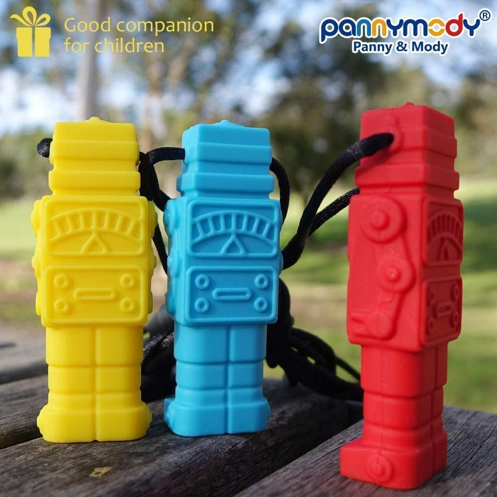 Sensory Chew Necklace for Boys and Girls(3 Pack), BPA Free Silicone Chewable Robot Pendant Necklaces for Kids with Autism ADHD - Oral Motor Chewing Toys - Blue, Red, Yellow image number 2