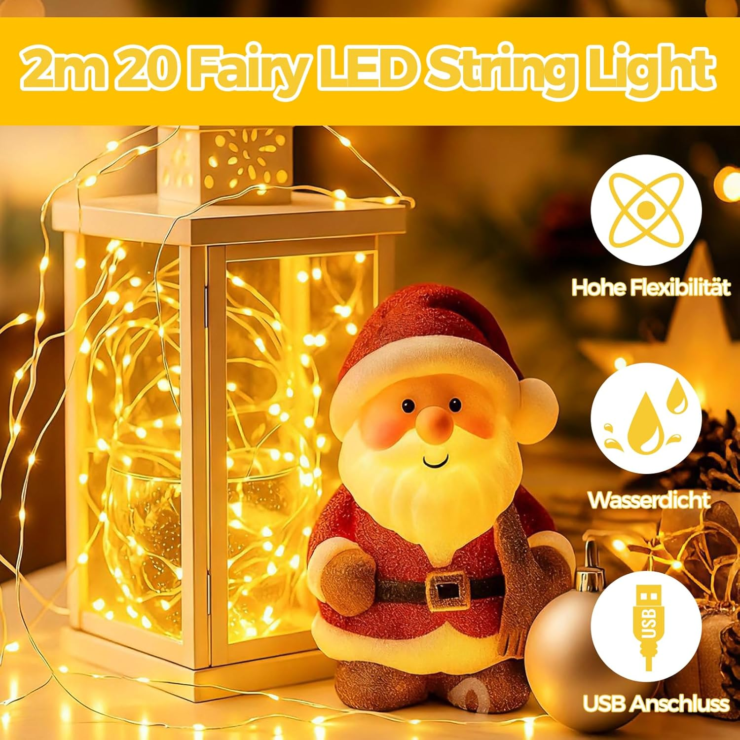 Alegre USB LED String Lights, 2M 20 Leds Copper Wire String Lights Plug in Waterproof Warm White for Indoor Outdoor Decoration LED String Lights image number 4
