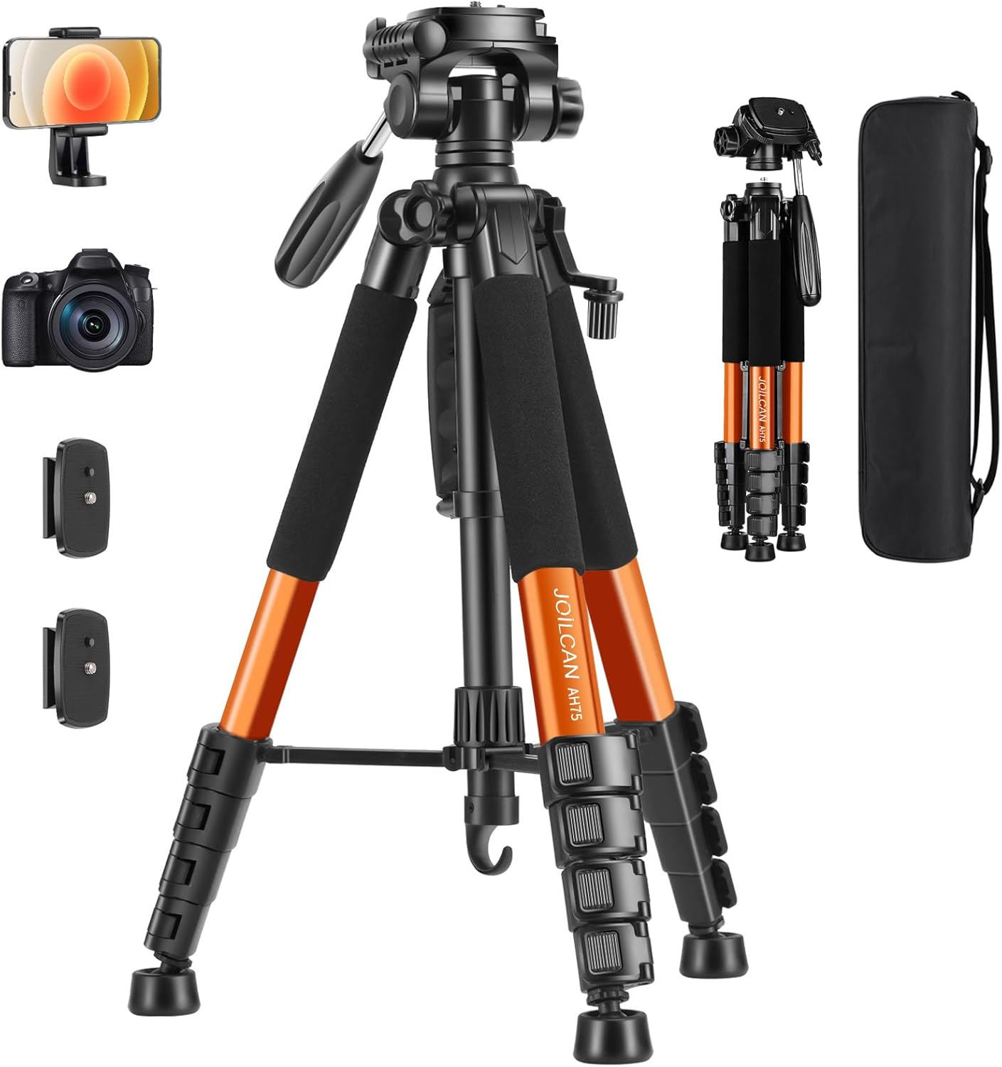 JOILCAN Camera Tripod for Canon Nikon, 74" Lightweight DSLR Tripod Camera Stand with Detachable Head and Universal Phone Mount, Reinforced Aluminum Tall Tripod for Vlog Live Streaming Max Load 14LB
