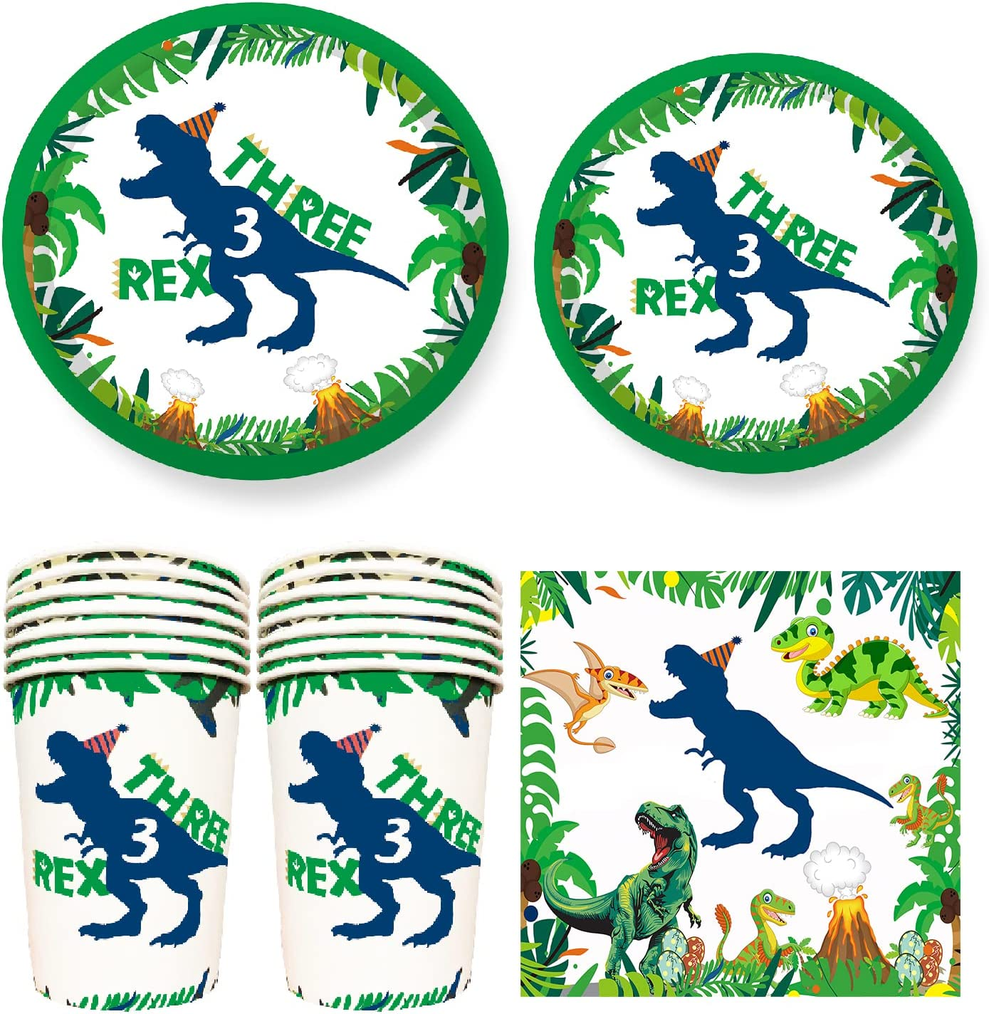 Three Inspired Rex Plates, Napkins and Cups - 130Pcs Dino Birthday Party Decorations - Dinosaur Party Supplies for 3 Year Old Boy - Serve 30 Guests