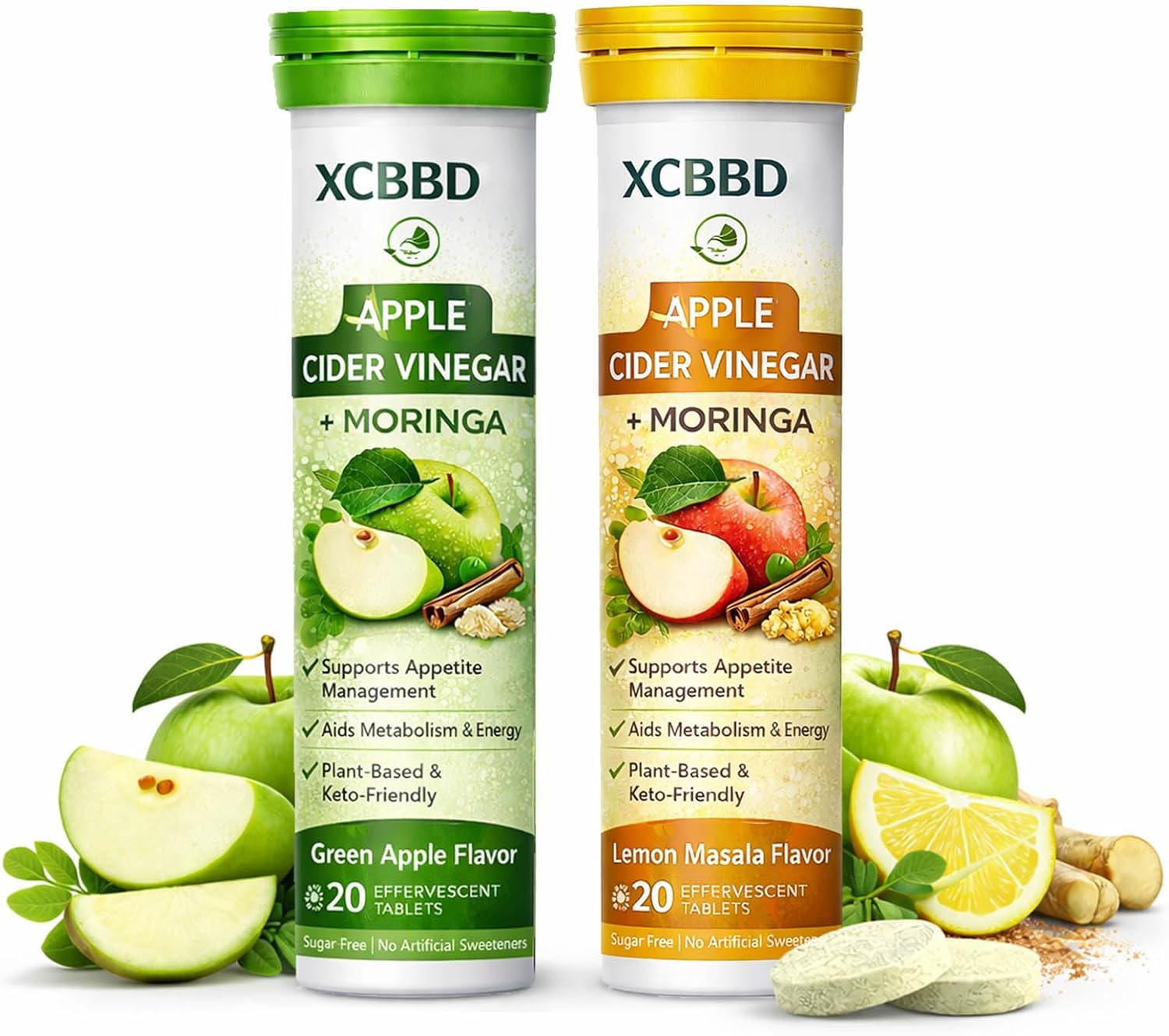Apple Cider Vinegar + Moringa Effervescent Tablets &ndash; Green Apple & Lemon Masala Flavor Combo, Sugar Free ACV Drink Tablets, Plant-Based Daily Routine, 40 Tablets (2 Pack) image number 1