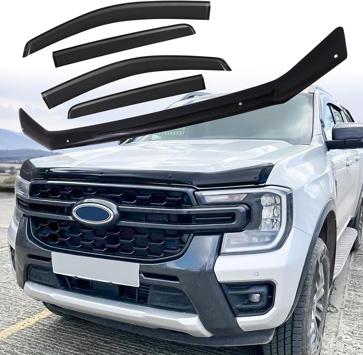 SUERAUTO4X4 Bonnet Protector Weather Shields for Ford Ranger Next Gen 2022-2025 Accessories,Tinted Black Bonnet Stone Guard Weathershields Window Visors Wind Deflectors Injection, 5Pcs/Set image number 4