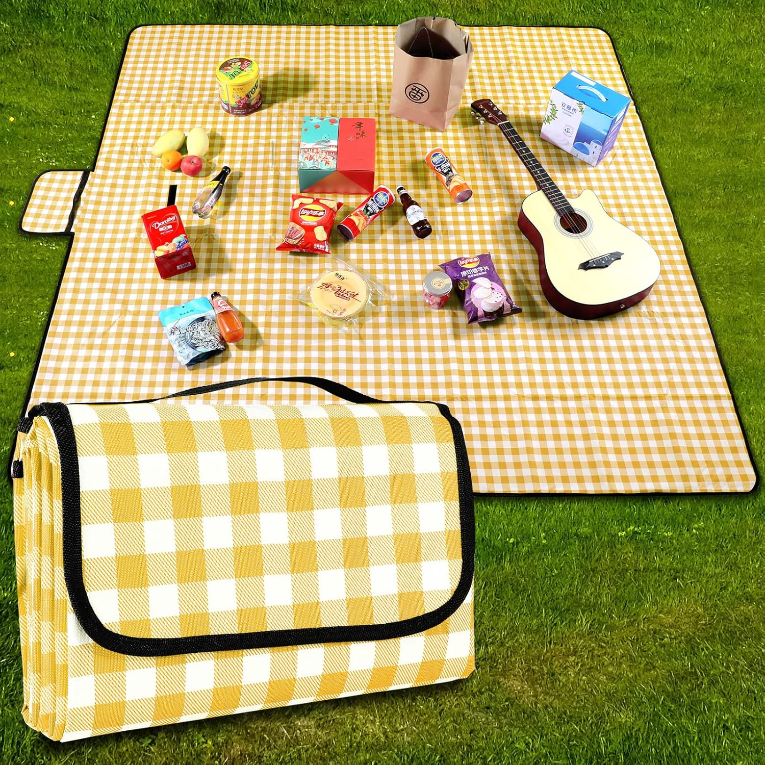 Picnic Blanket Waterproof Beach Rug Picnic Mat Washable Lightweight with Handle Yellow Checkered for Hiking Travelling Outdoor Camping,Parks,200Cm * 200Cm image number 7