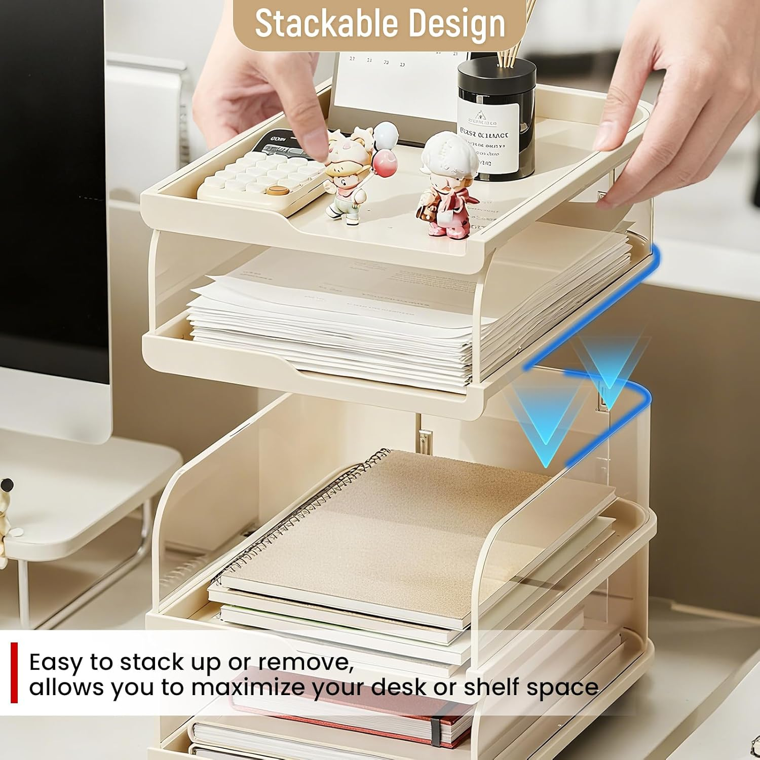 Desk Organiser and Storage, 4-Tier Paper Letter Tray Organiser, Stackable Clear Desktop Organiser, Storage Compartments, Stackable Order for Documents, Paper, Book Magazine, Office Supplies image number 3