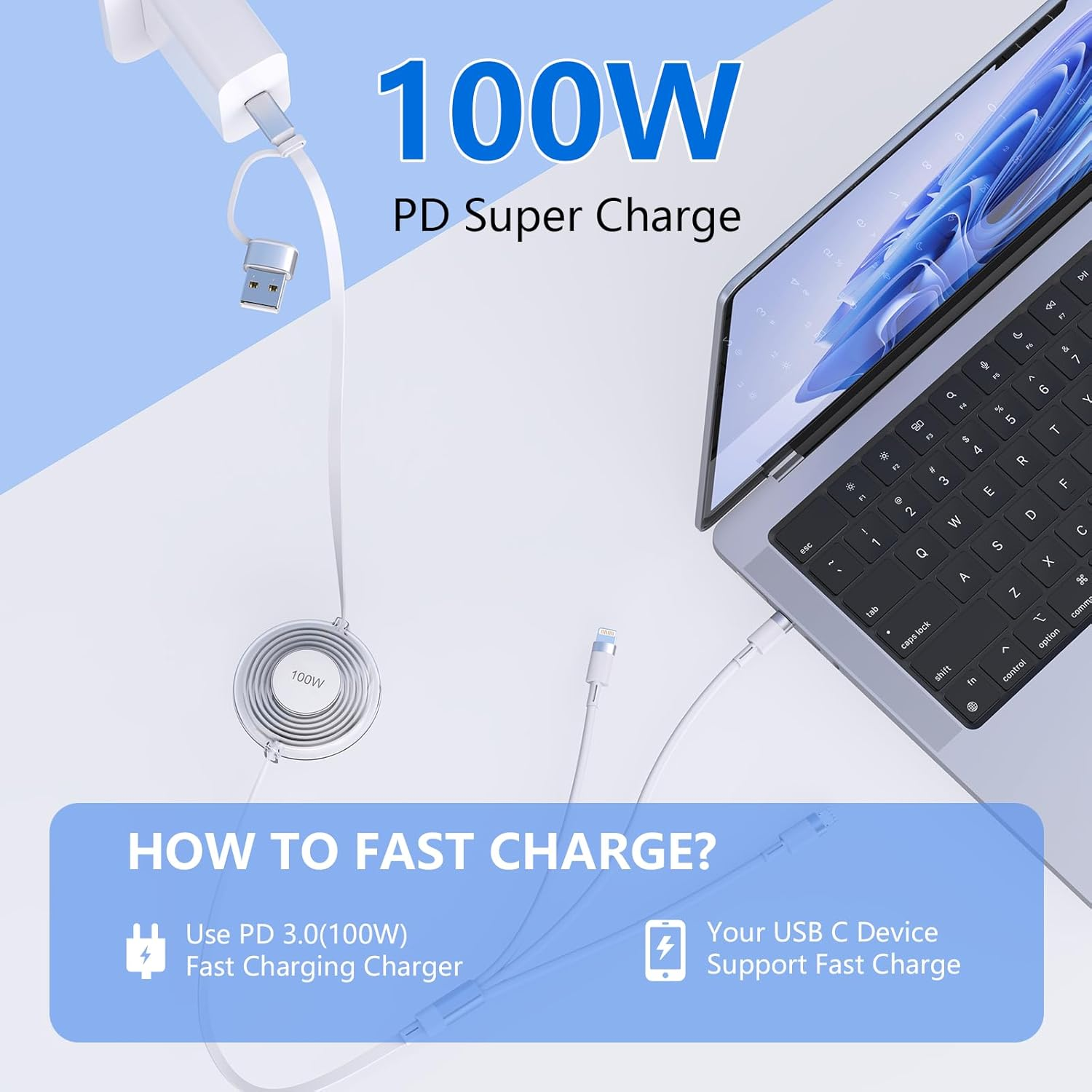 100W USB C to Multi Charging Cable, Iphone 15 Retractable Car Charger with Type C 100W+IP 27W+Micro USB 10W Multi Phone Charger for Iphone 15 14 13 12/Samsung S24 S23/Ipad/Macbook/Tablet 4FT White image number 1