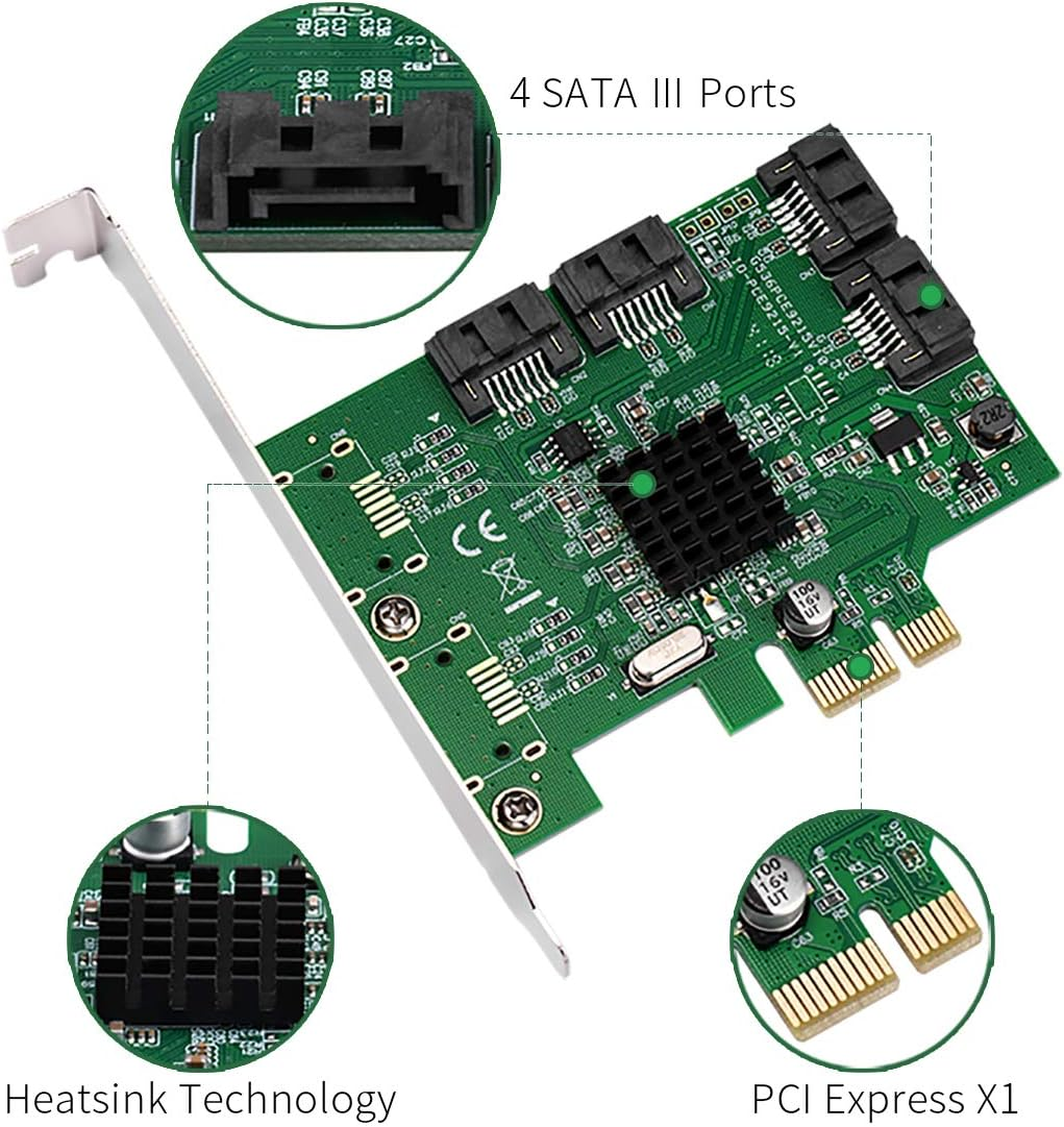 IO Crest 4 Port SATA III Pci-E 2.0 X1 Controller Card Marvell Non-Raid with Low Profile Bracket SI-PEX40064 - 4-Port, 4-Port Marvell 88Se9215 image number 5