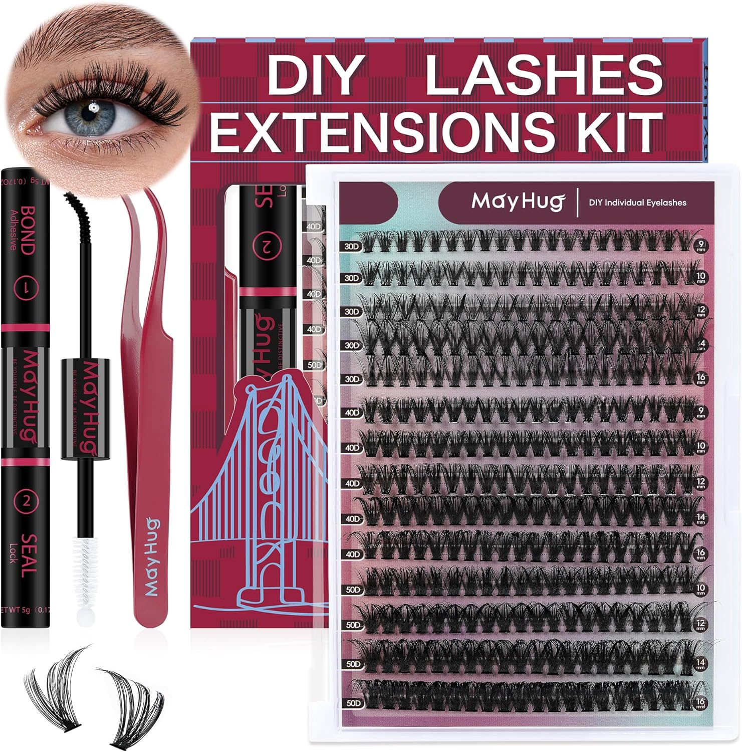 Mayhug Lash Clusters Kit 280Pcs Lash Extension Kit Individual Wispy Cluster Lashes Natural 9-16Mix DIY Eyelash Extension Kit D Curl Cluster Lashes at Home (30+40+50D Kit) image number 4