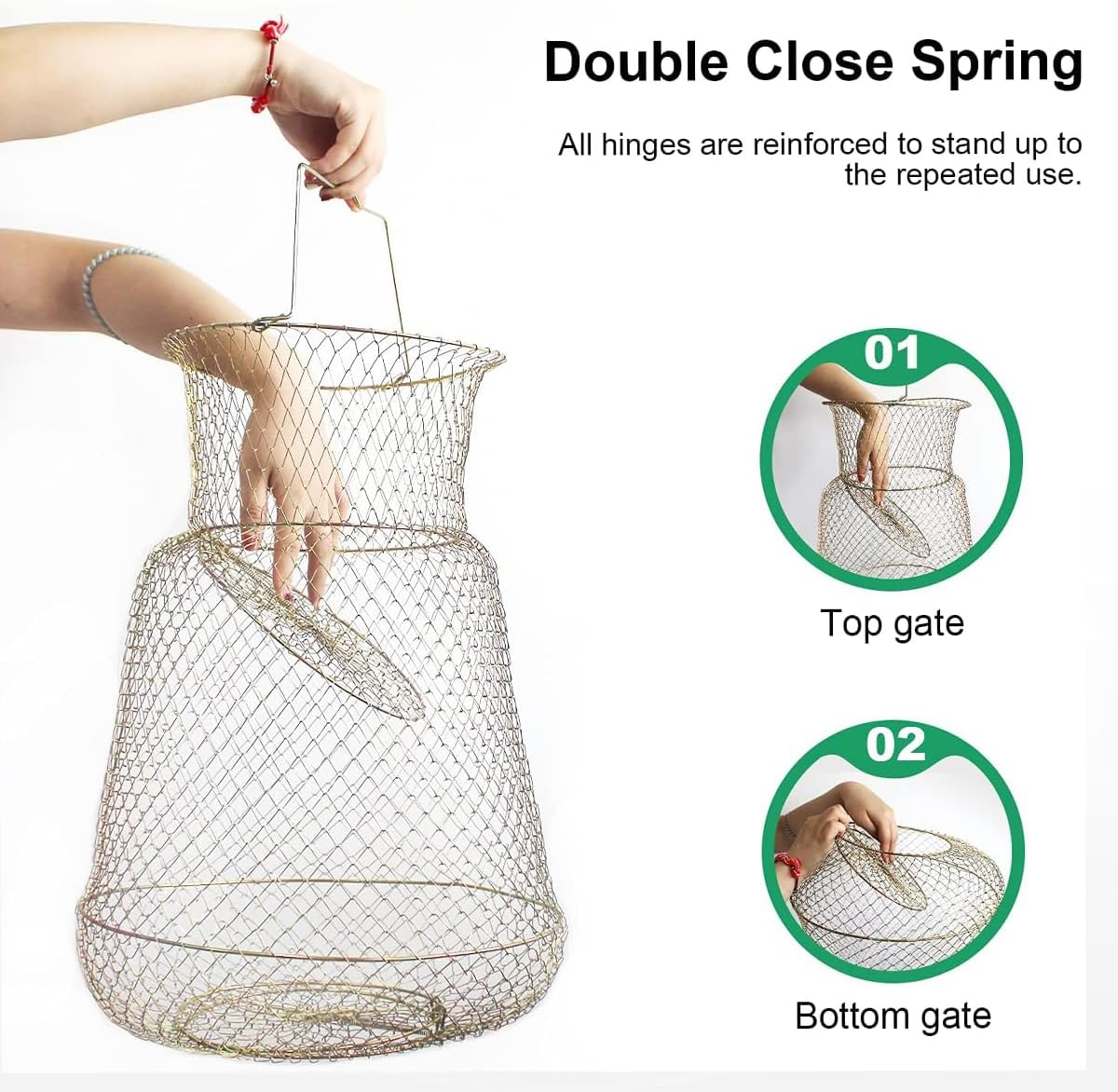 AIMALL Galvanized Fish Cage with Spring Door for Fishing, Portable Metal Wire Folding Trap Basket for Fish and Crab Catching, Durable and Lightweight image number 4