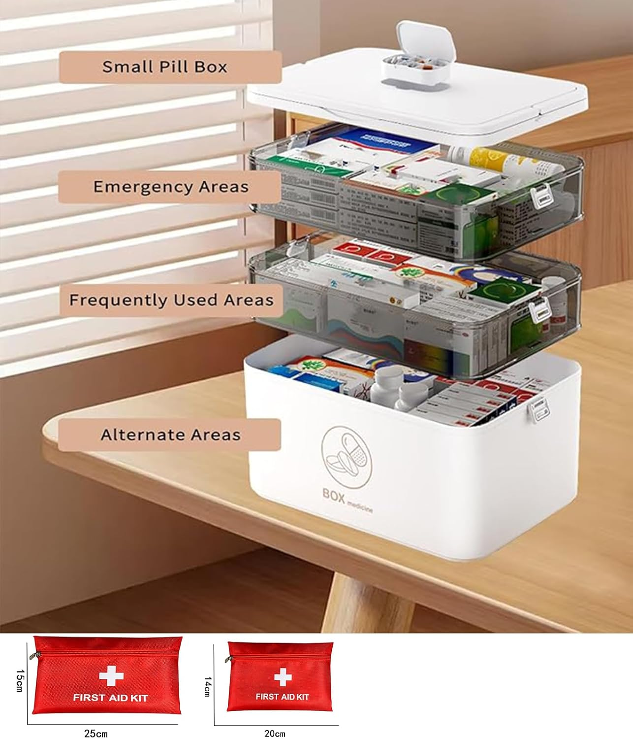 3-Tier Medicine Storage Box,Portable Medicine Organizer. Multipurpose Storage Box with Handle for Home & Travel, Ideal for Emergency First Aid (White) image number 6
