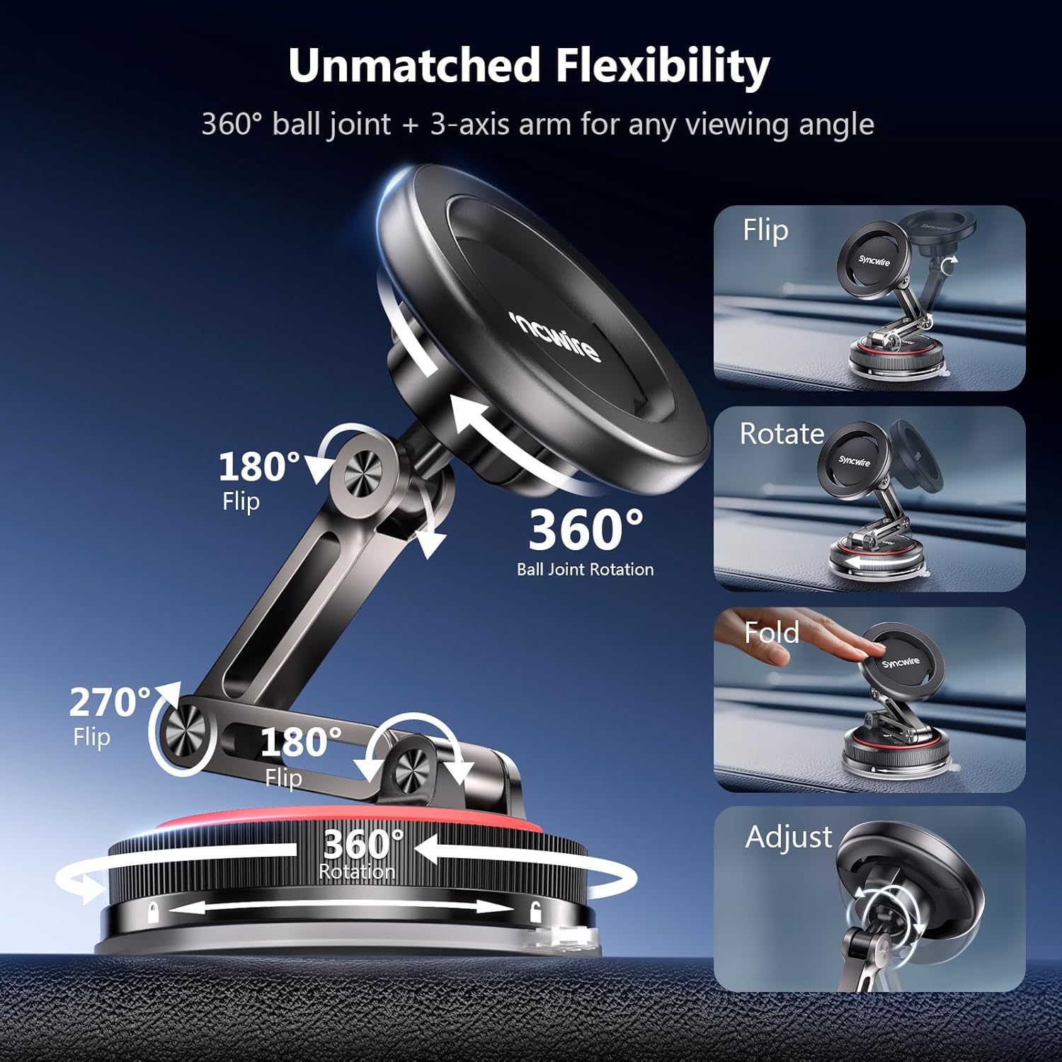 SYNCWIRE for Magsafe Car Mount [3-Axis] Nano Adhesive Gel + Strong Suction Cup Magnetic Phone Holder for Dashboard & Windshield, 360&deg; Adjustable for Iphone 17 16 15 14 13 12, Samsung, Matte Black image number 5