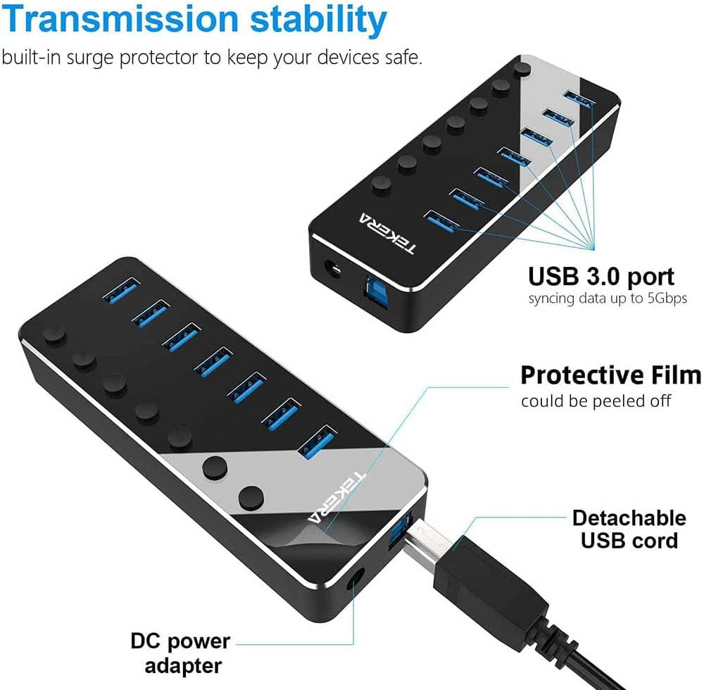 USB 3.0 Hub, TEKERA 7 Port Powered USB Hub Expander Aluminum USB 3.0 Data Port Hub with Universal 5V AC Adapter and Individual On/Off Switches USB Splitter for Laptop and PC image number 3