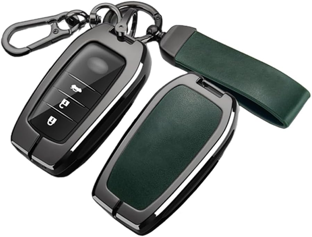 Ontto Alloy Leather Car Key Fob Cover Fit for Toyota Land Cruiser 200 300 Prado Crown TLK 200 Yaris Cross Hilux Innova Fortuner Smart Key Holder Case Keyring Shell Bag Keychain Accessories