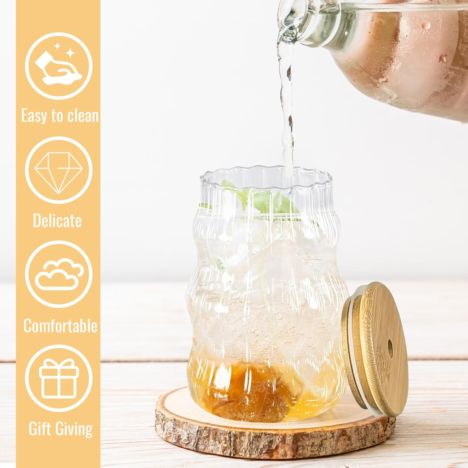 2 Pcs Ribbed Glass Cup Set 18 Oz Wave Shape Design Bubble Cups Vintage Drinking Glassware for Iced Coffee Milk Juice Cocktails Beverage image number 3