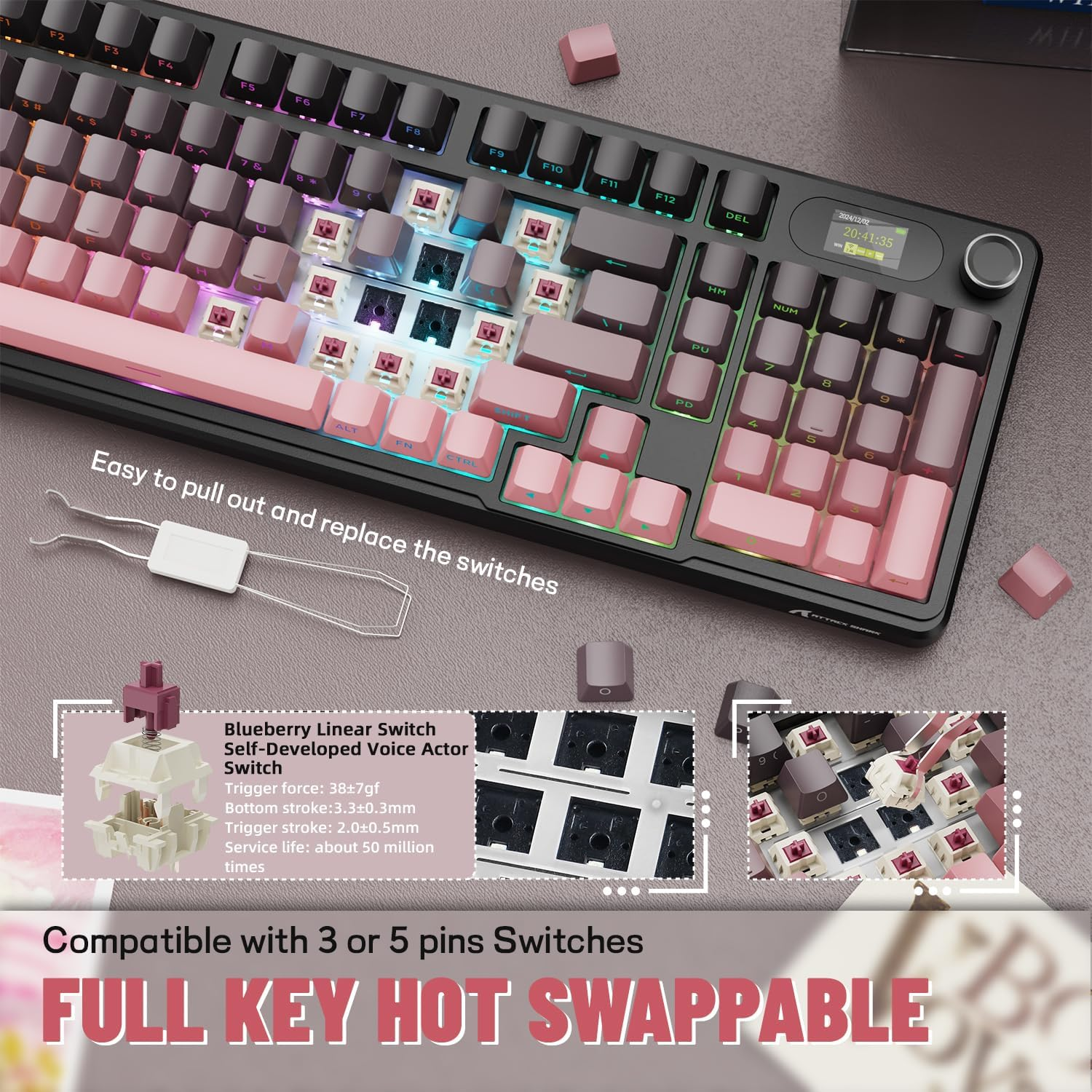 ATTACK SHARK X98PRO Wireless Mechanical Gaming Keyboard, Metal Knob&Tft Screen,Bt/2.4G /USB C Wired, Hot-Swappable RGB Backlit,4000Mah Battery,98 Keys, Cloud Drive,For Win/Mac/Linux-Blackberry image number 3