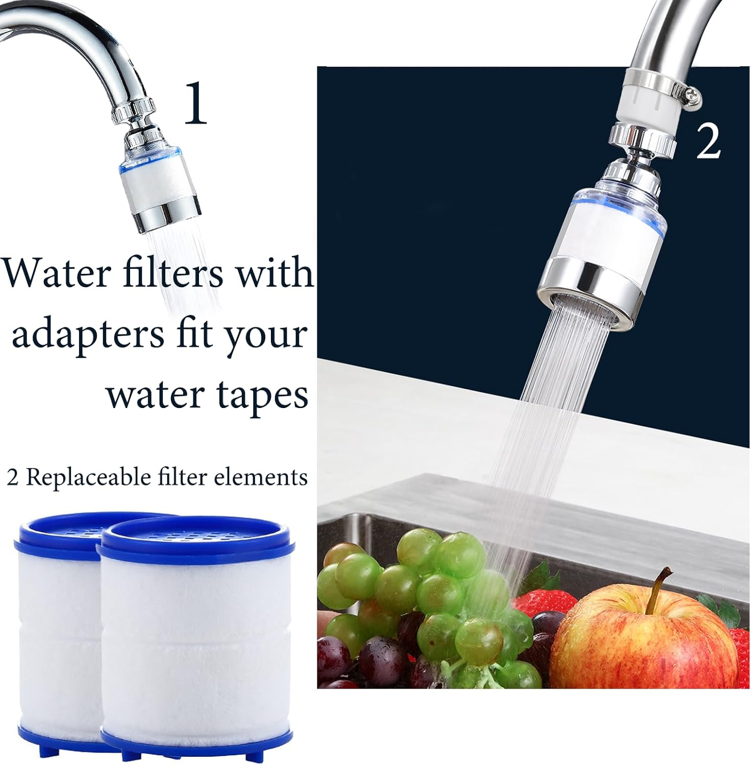 Faucet Water Filter 360&deg; Rotating Sink Water Filter, Kitchen Sink Filtration,Bathroom Faucet Filter,Removes Chlorine Fluoride Heavy Metals for Home, Bathroom, with Universal Adapter + 2 Cartridges image number 4