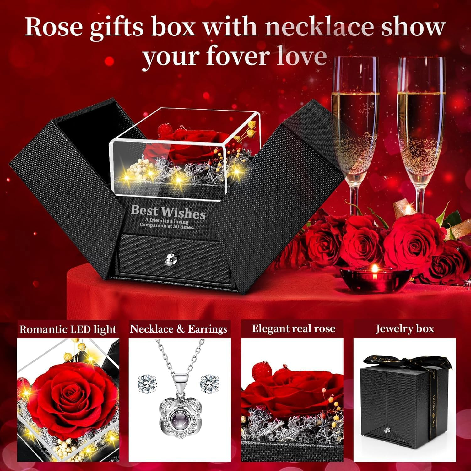 Preserved Red Real Rose with Heart I Love You Necklace & Earrings, Eternal Flower Rose Birthday Gifts for Women Her Mom Wife Girlfriend Grandma on Valentines Mothers Day Christmas Anniversary Romantic - Red Without Light image number 6