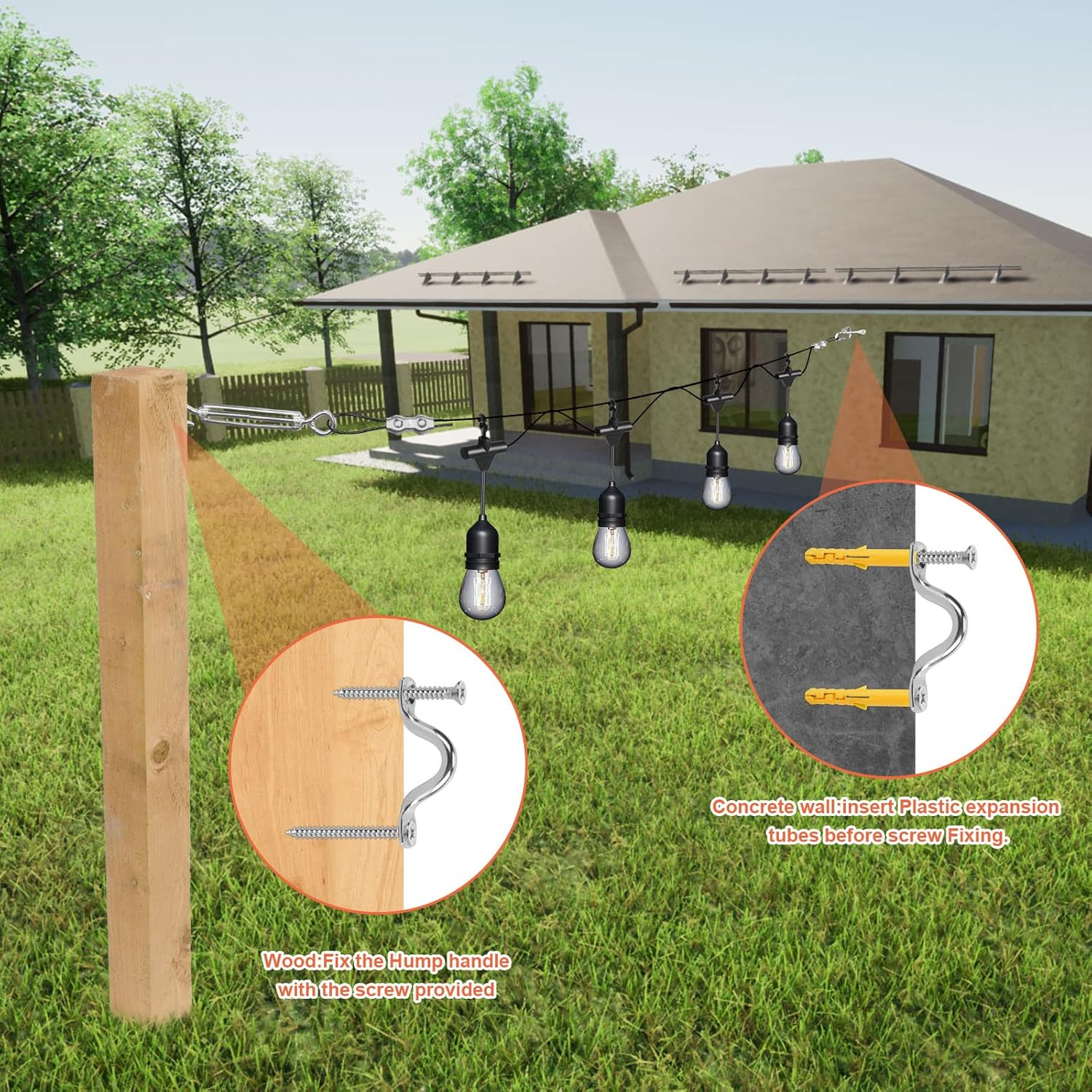 IMAGE String Light Hanging Kit, 164FT String Light Suspension Kit with Nylon Coated and Stainless Steel 304 Wire Rope, Light Hanging Kit for Outdoors image number 2