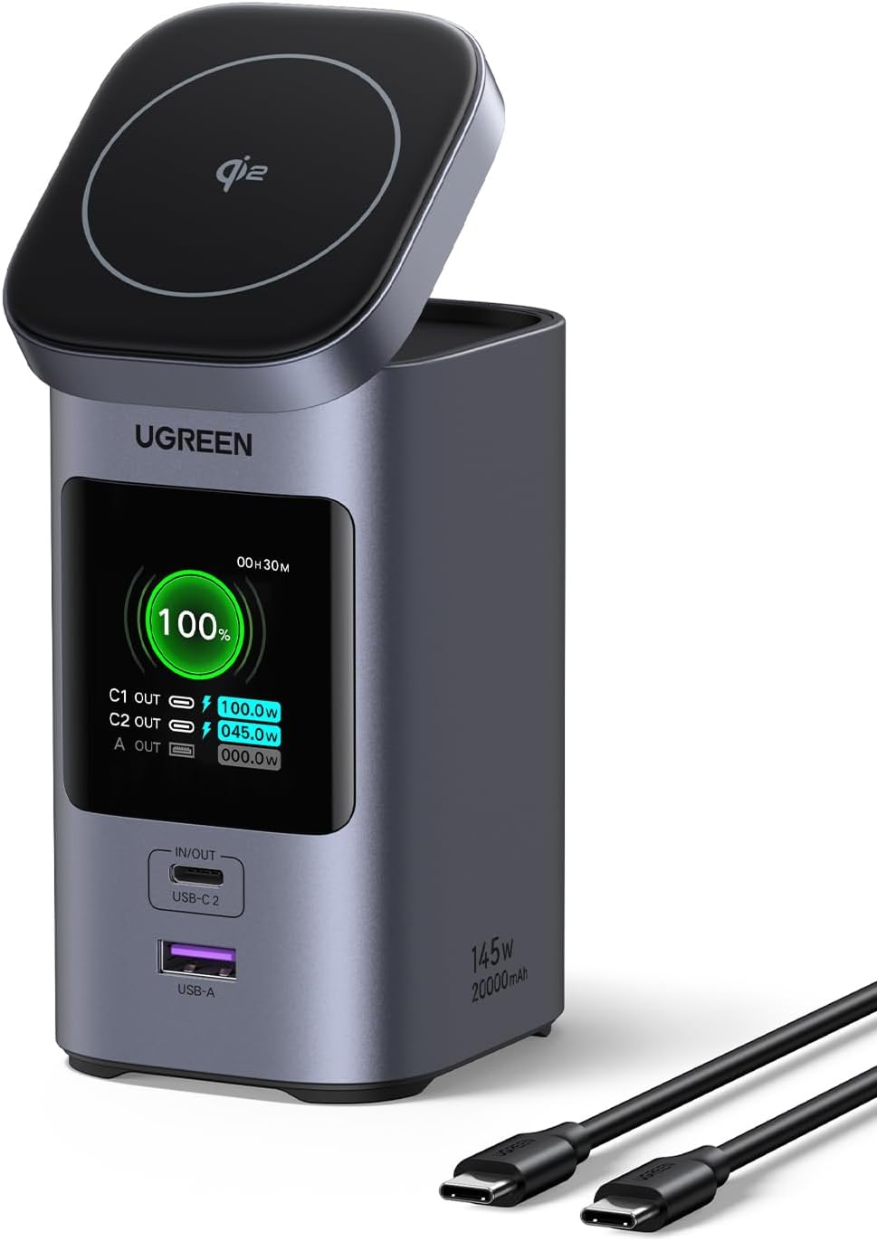 UGREEN 145W Power Bank 20000Mah Qi2 Certified Nexode Portable Charger 72Wh 15W Magsafe Wireless Fast Charging Battery Pack 3 USB Ports with TFT Display for Iphone 17 Pro Max, Macbook, Ipad, Galaxy S25