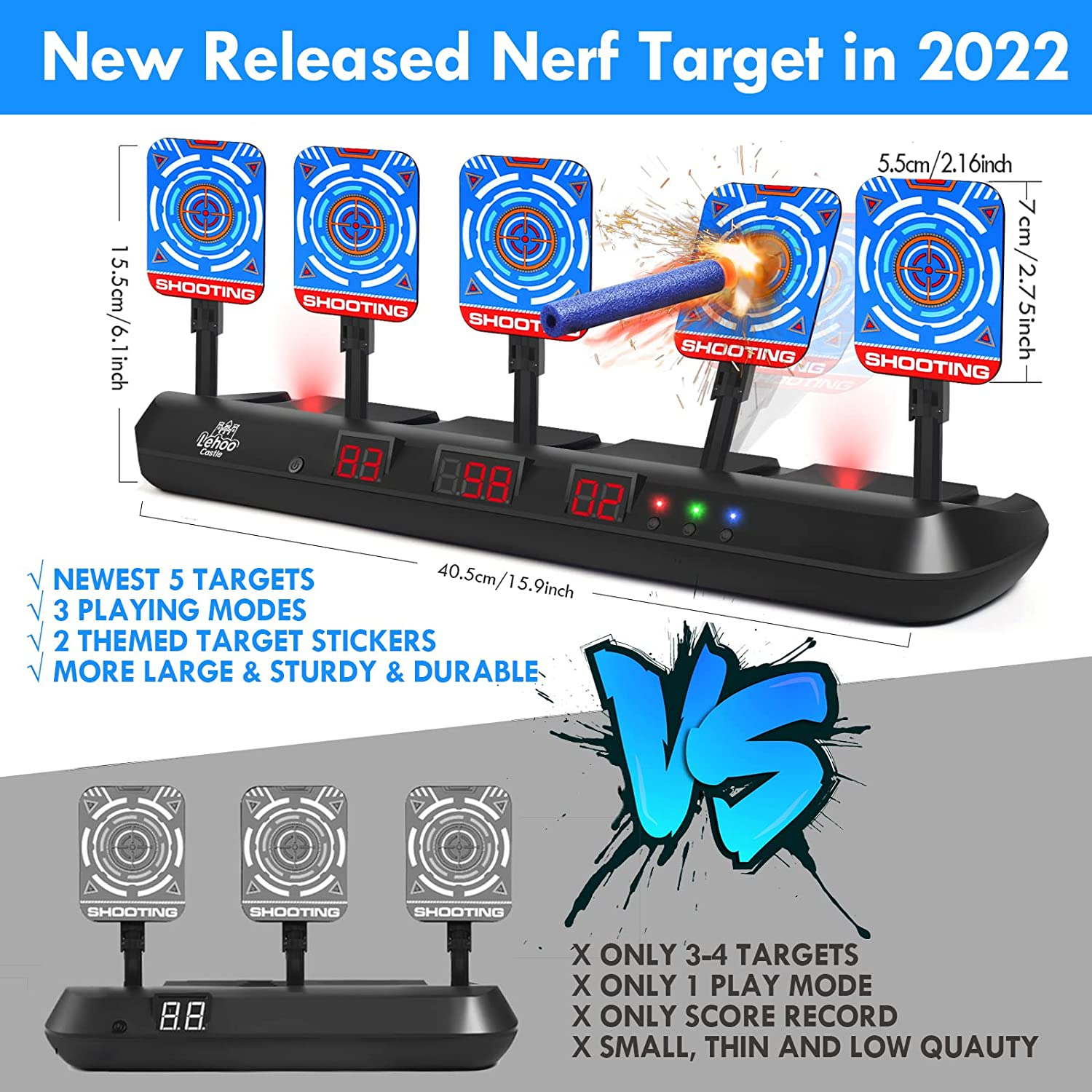 Lehoo Castle Nerf Target Set, 5 Electronic Digital Targets for Nerf Guns, Auto-Reset, Scoring, Includes 20 Bullets, Wrist Bands, Stickers, Outdoor Game for Boys & Girls, Ages 6+ image number 2