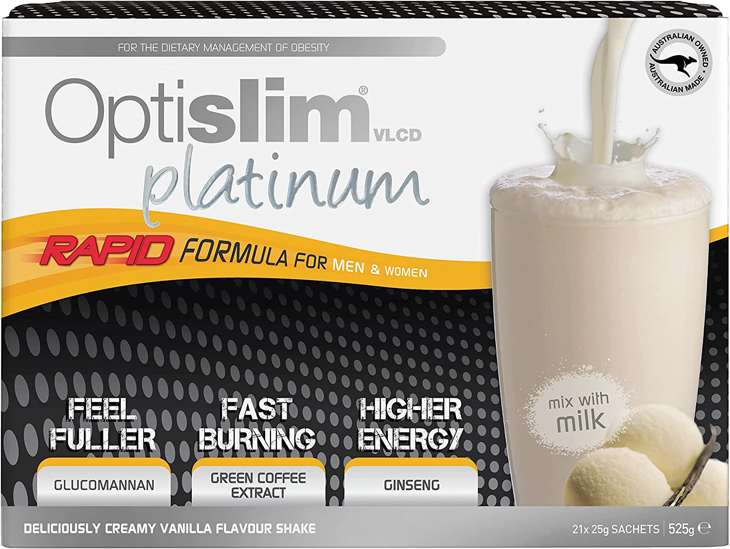 Optislim VLCD Platinum Shake, Meal Replacement, Formulated for Accelerated Weight Loss, with 10G High Protein and Ginseng, 25 Vitamins and Minerals per Serving - Vanilla Flavour - 21 X 25G Sachet image number 2