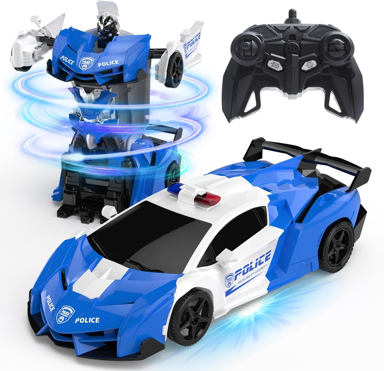 DEERC RC Police Car Transform Robot, 2.4Ghz Remote Control Police Cars for Kids, 1:18 Scale Robot Toy Car W/One-Key Transformation, 360&deg; Rotation, Auto Mode, Rechargeable Battery, Robot for Man Boys image number 1